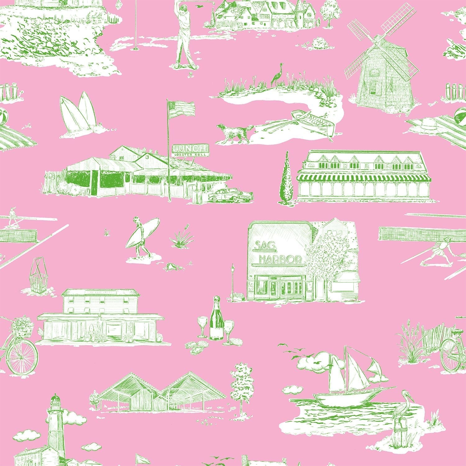 Hamptons Toile Wallpaper in pink green color - pattern number KK759_Pink_Green_KH300 - by Katie Kime in the  collection