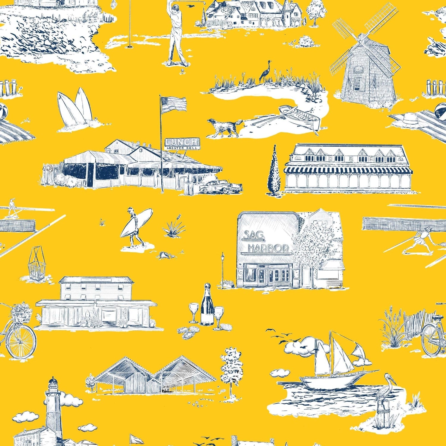 Hamptons Toile Peel and Stick Wallpaper in yellow navy color - pattern number KK579_Yellow_Navy_KH306 - by Katie Kime in the  collection