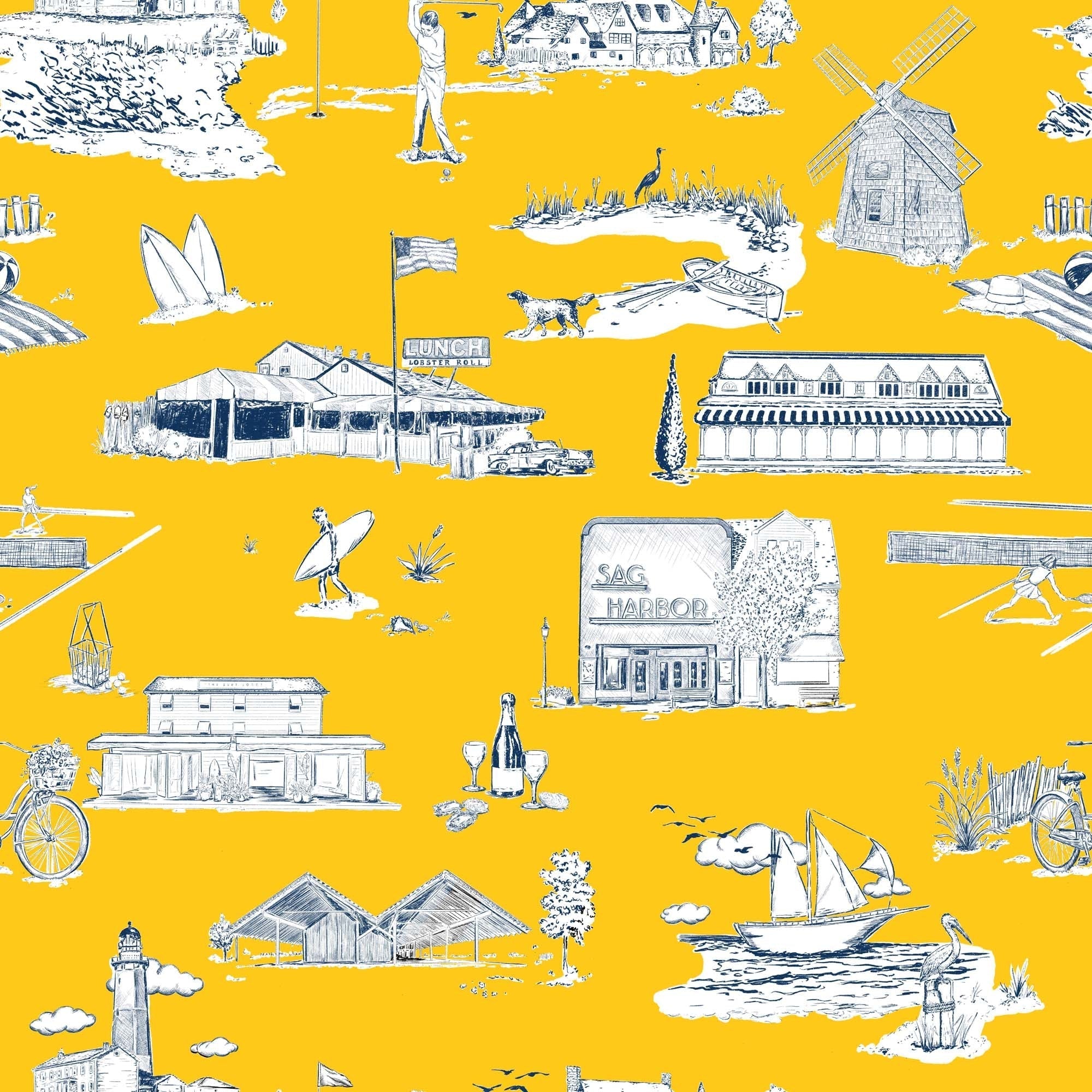 Hamptons Toile Wallpaper in yellow navy color - pattern number KK759_Yellow_Navy_KH300 - by Katie Kime in the  collection