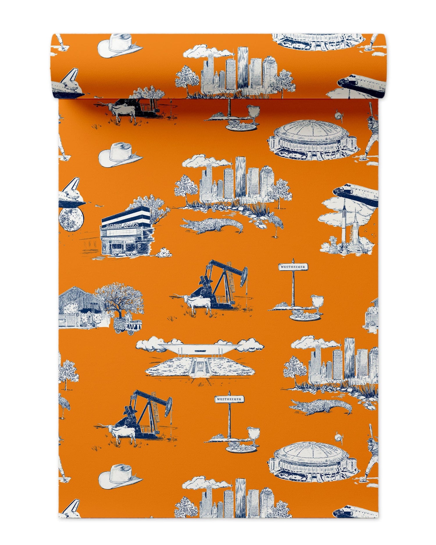 Houston Toile Wallpaper in orange navy color - pattern number KK737_Orange_Navy_KH300 - by Katie Kime in the  collection