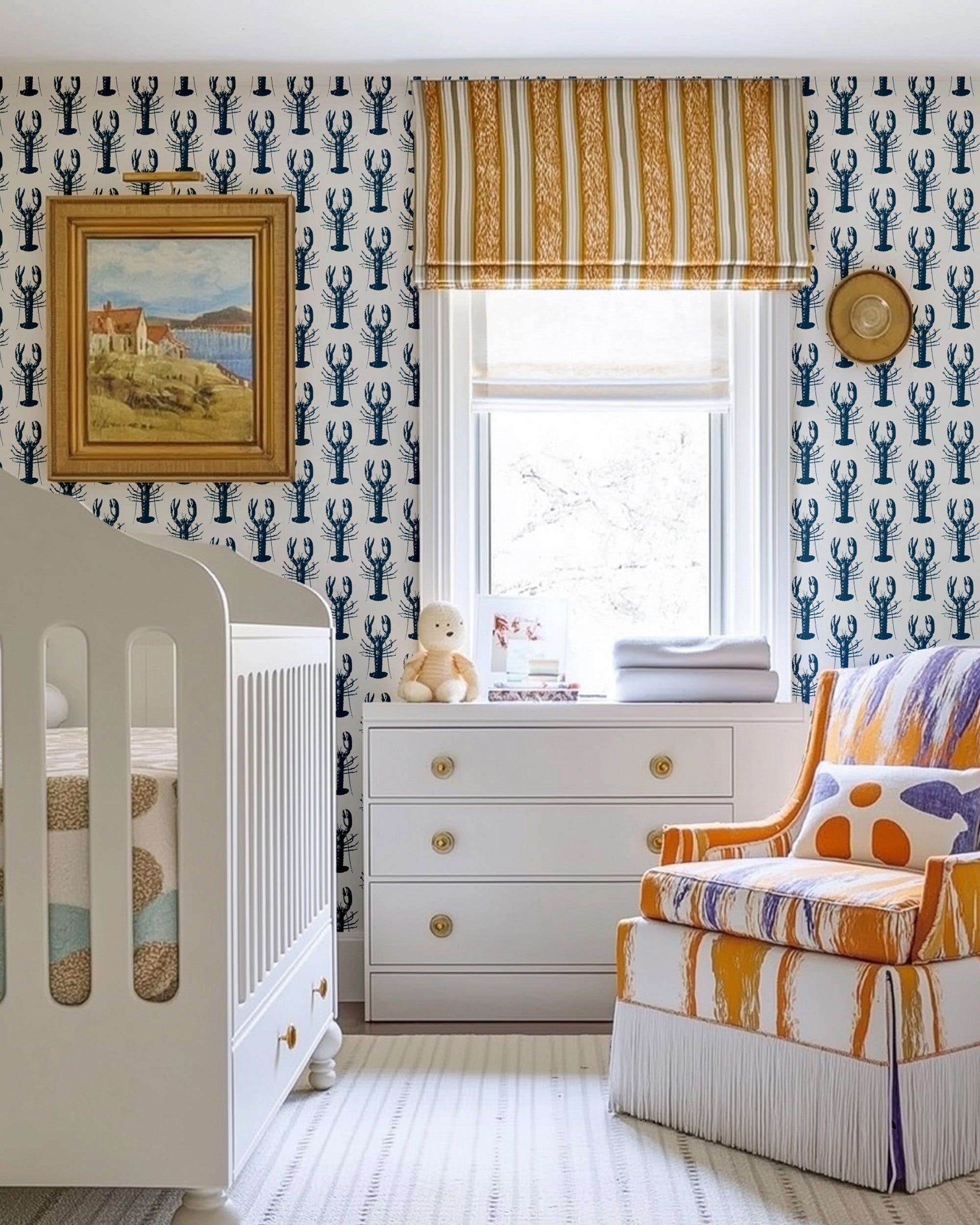 Lobster Bake Wallpaper in navy color - pattern number KK702_Navy_KH300 - by Katie Kime in the  collection