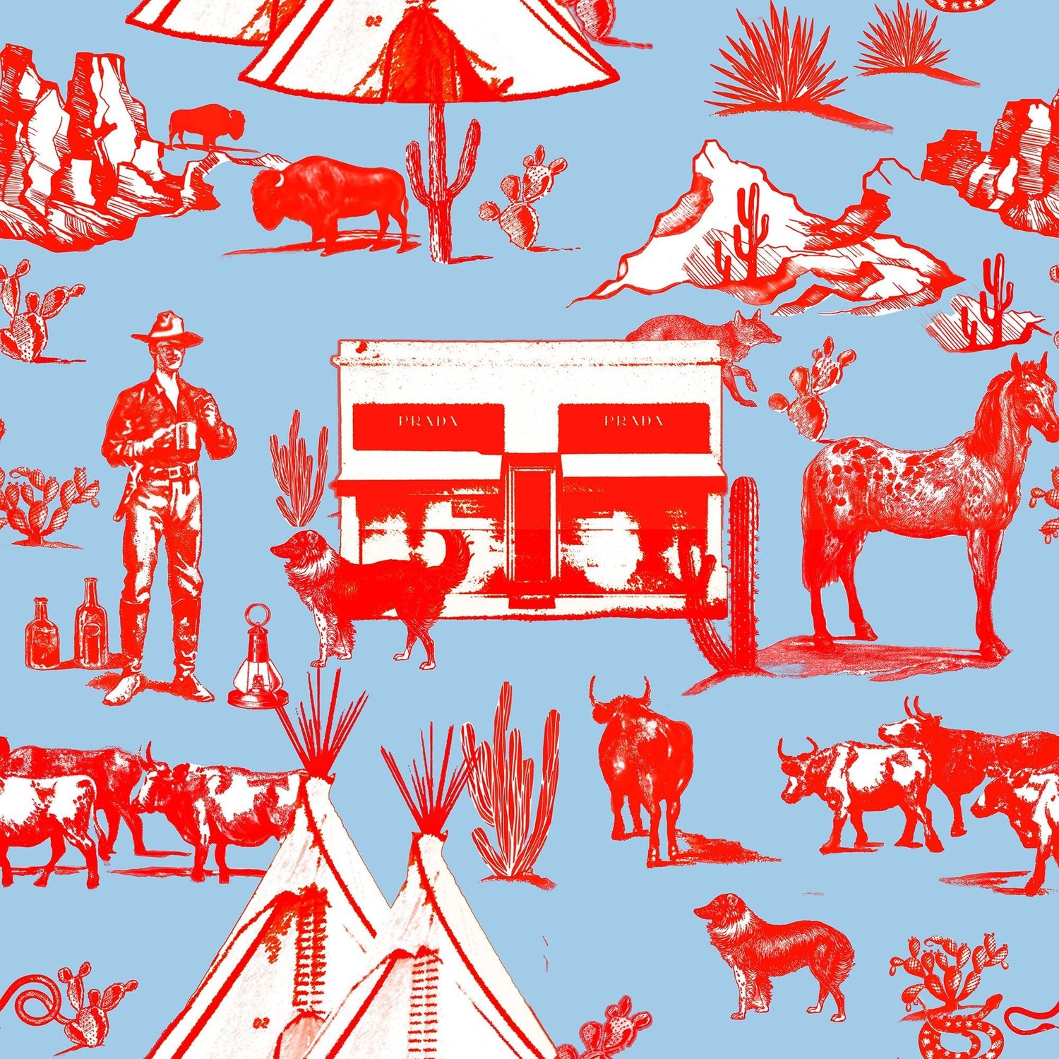 Marfa Toile Wallpaper in blue red color - pattern number KK17118_Blue_Red_KH300 - by Katie Kime in the  collection