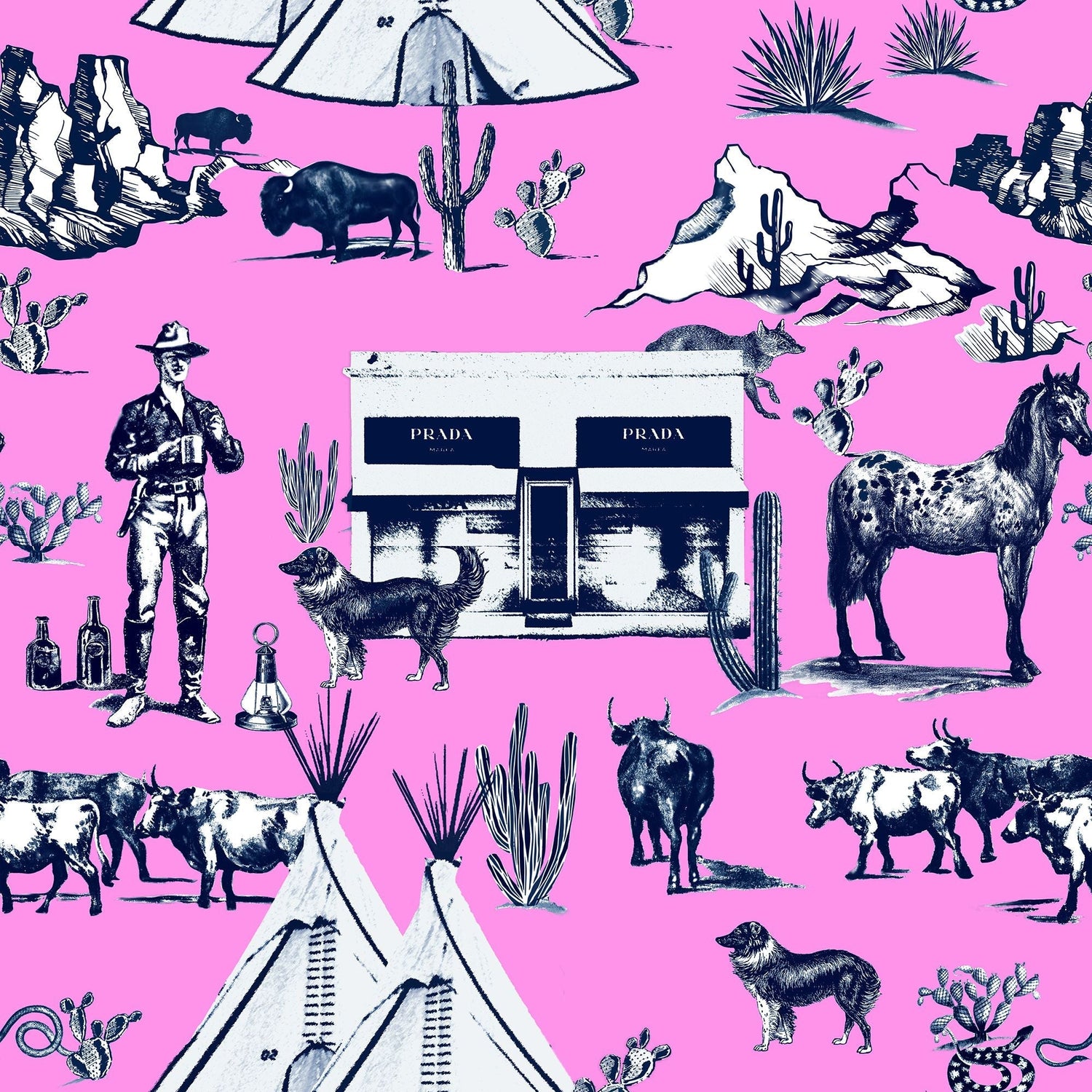 Marfa Toile Peel and Stick Wallpaper in pink navy color - pattern number KK17118_Pink_Navy_KH306 - by Katie Kime in the  collection