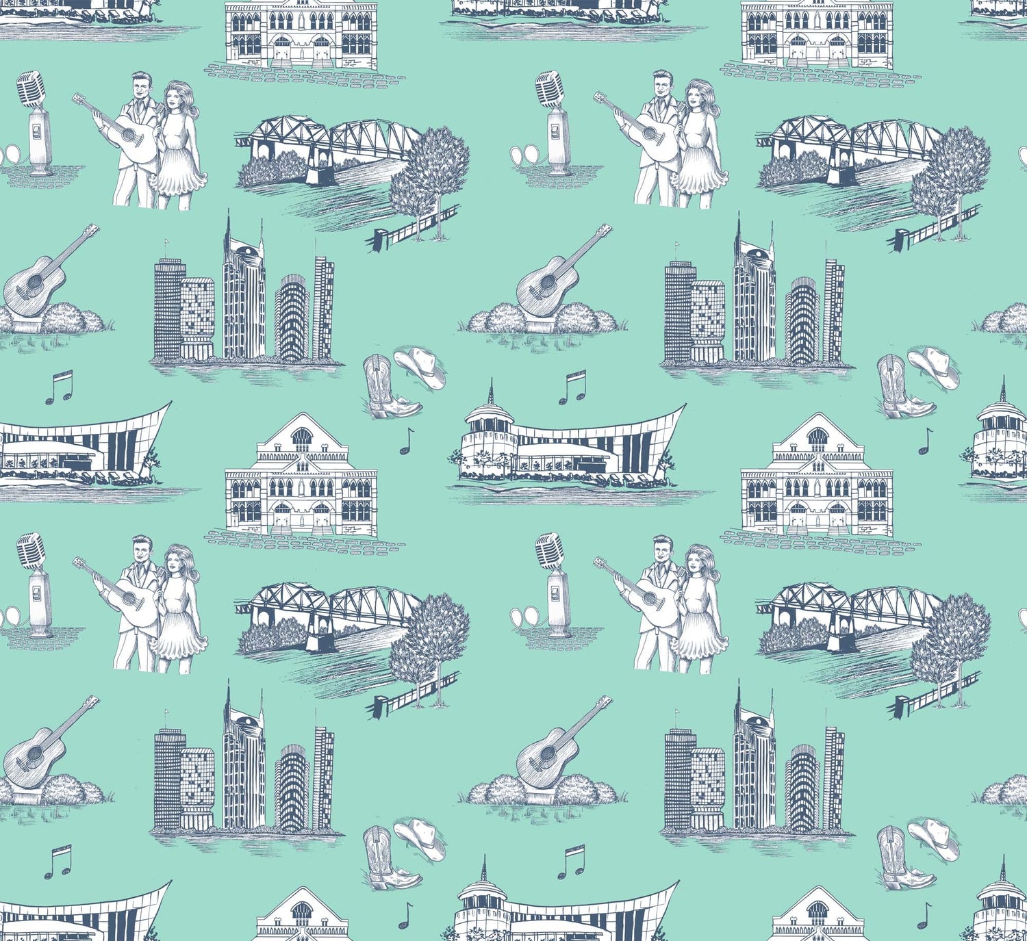 Nashville Toile Peel and Stick Wallpaper in mint navy color - pattern number KK17122_Mint_Navy_KH306 - by Katie Kime in the  collection