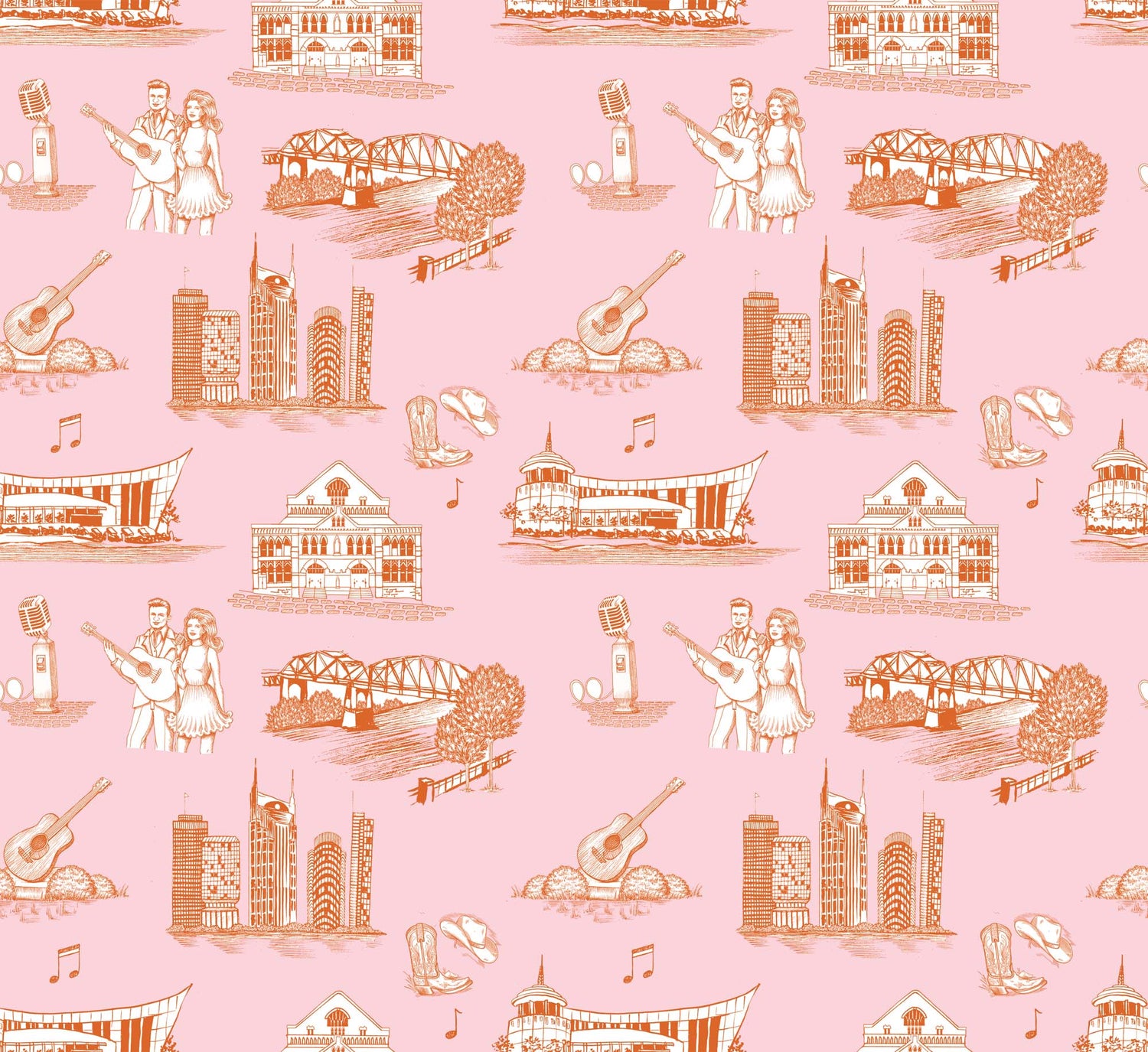 Nashville Toile Peel and Stick Wallpaper in orange pink color - pattern number KK17122_Orange_Pink_KH306 - by Katie Kime in the  collection