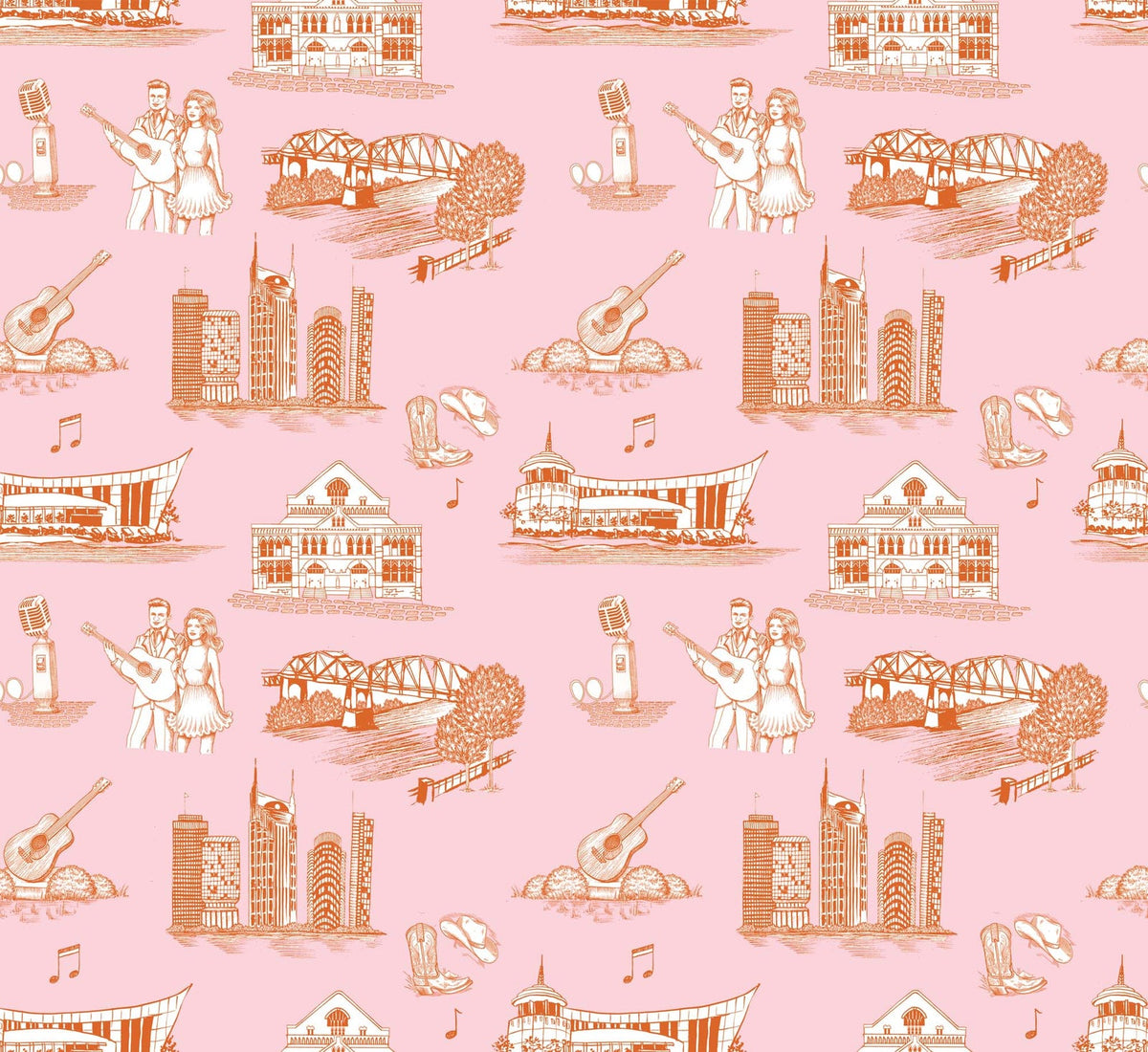 Nashville Toile Wallpaper in Orange Pink color - pattern number KK17122_Orange_Pink_KH300 - by Katie Kime in the collection