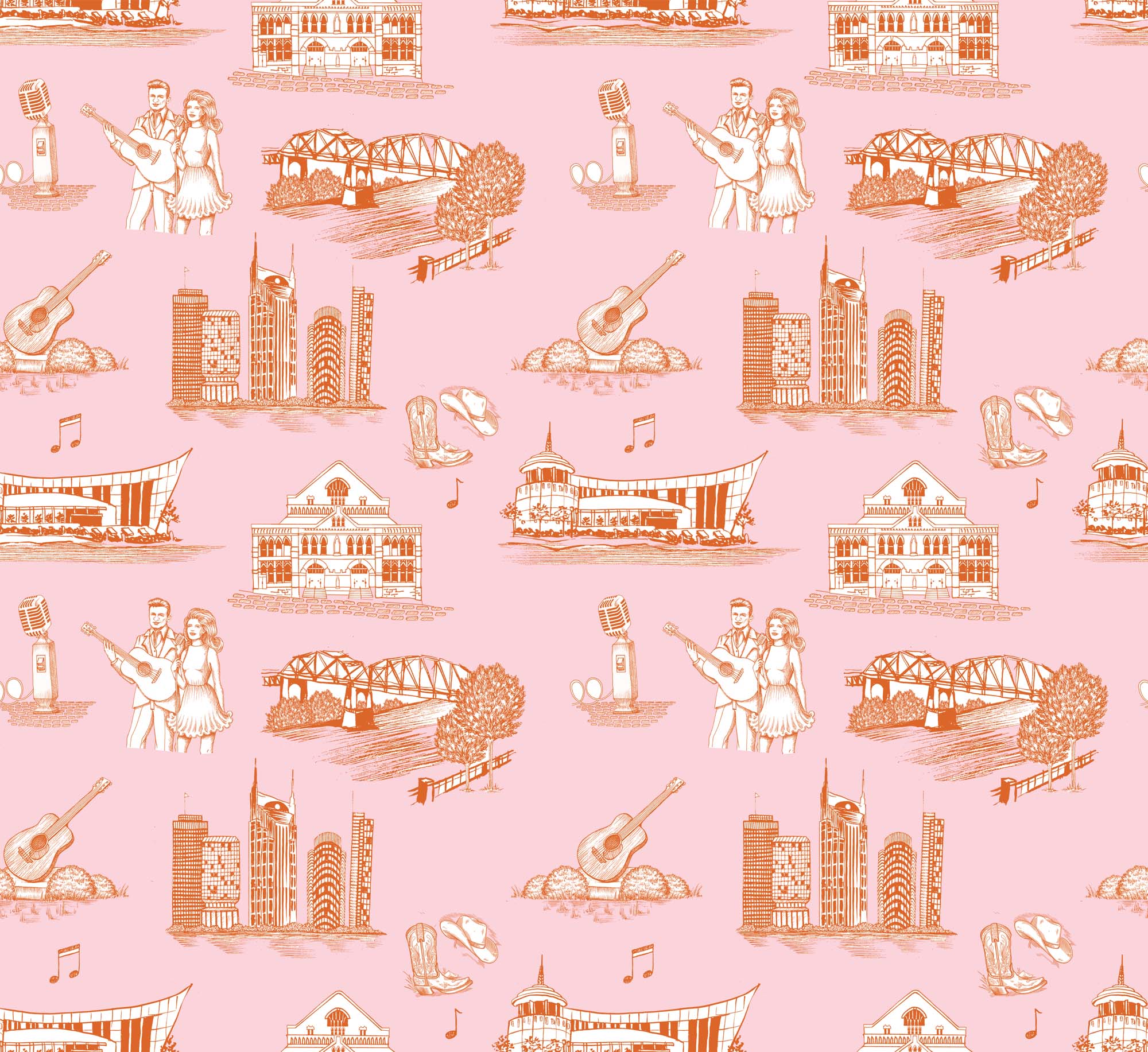 Nashville Toile Wallpaper in pink color - pattern number KK17122_Orange_Pink_KH300 - by Katie Kime in the  collection