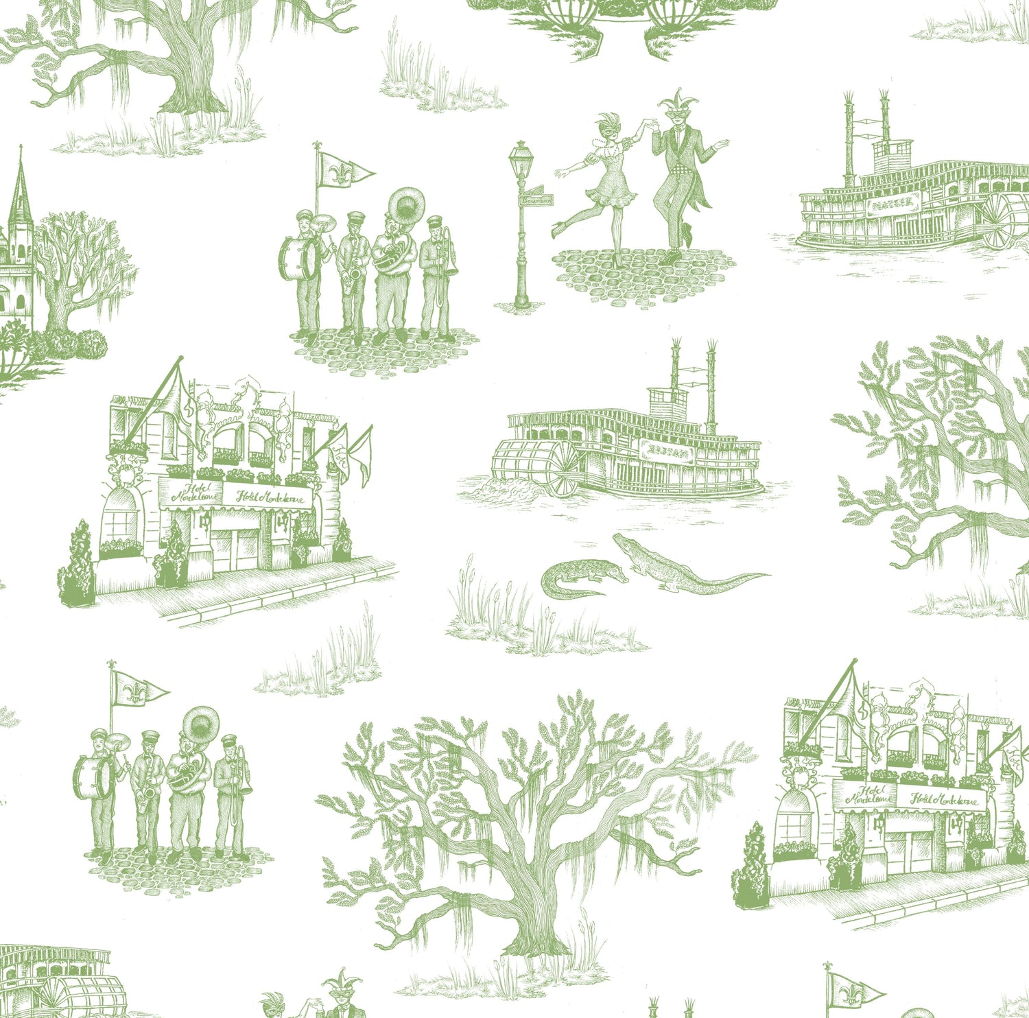 New Orleans Toile Peel and Stick Wallpaper in green color - pattern number KK17123_Green_KH306 - by Katie Kime in the  collection