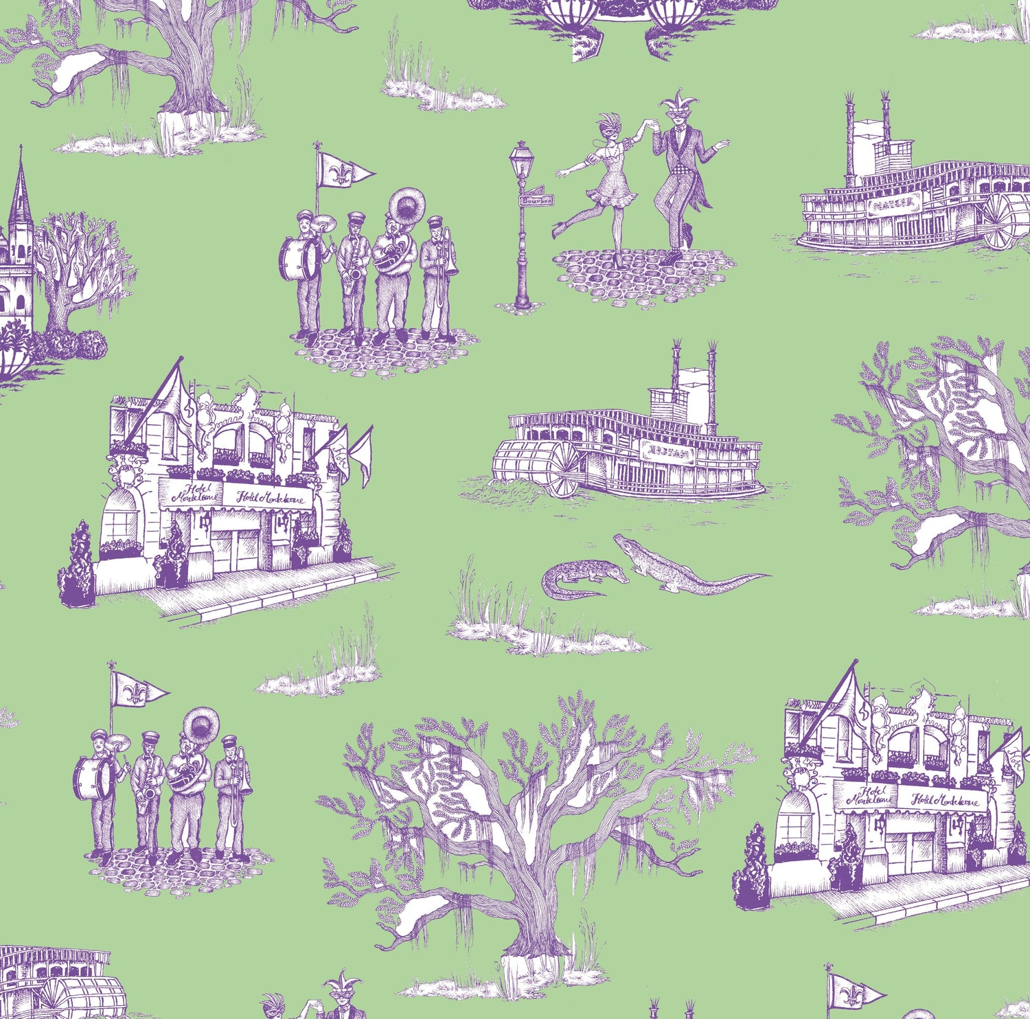New Orleans Toile Wallpaper in orange pink color - pattern number KK17123_Green_Lavender_KH300 - by Katie Kime in the  collection