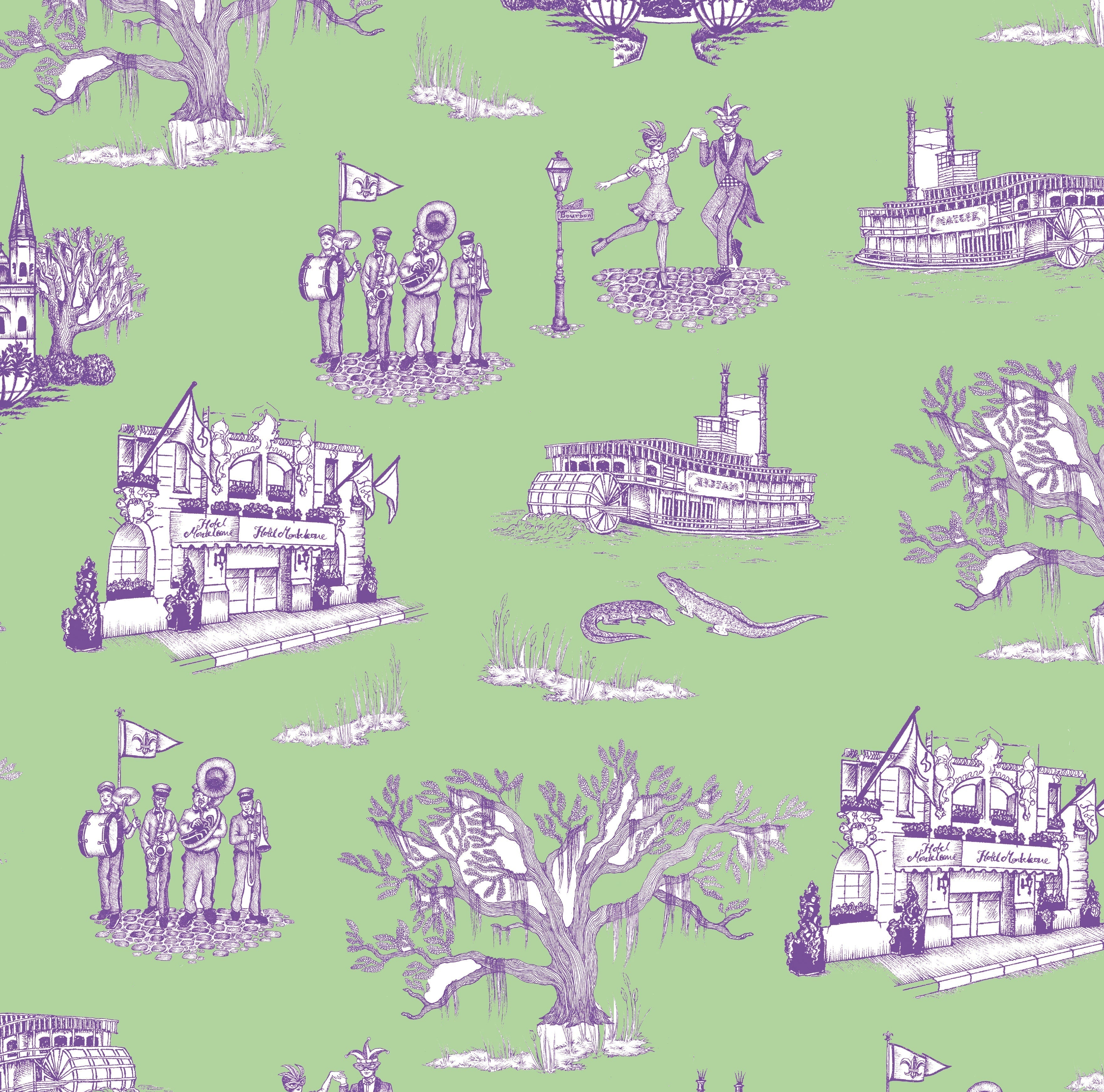New Orleans Toile Wallpaper in orange pink color - pattern number KK17123_Green_Lavender_KH300 - by Katie Kime in the  collection