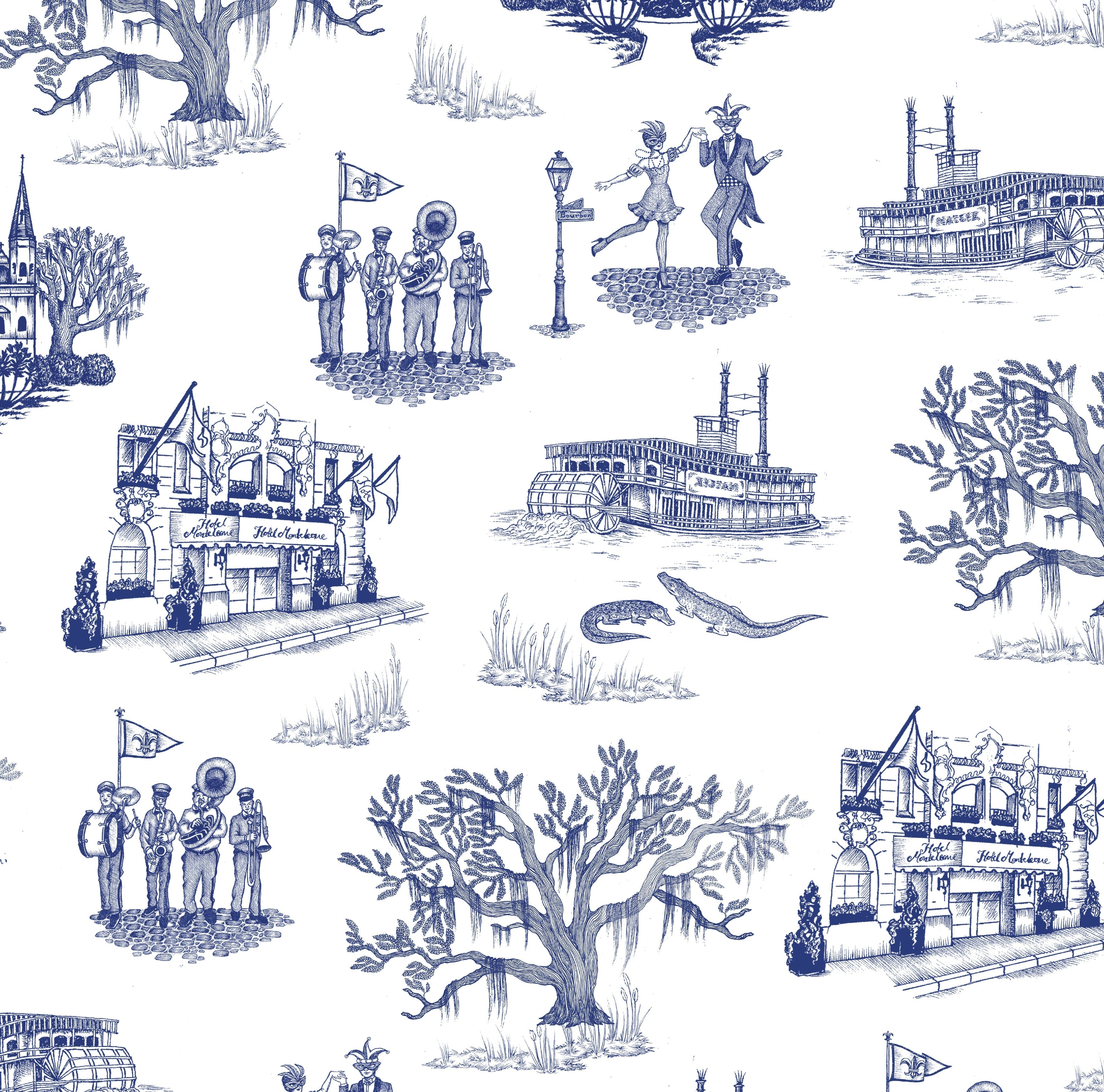 New Orleans Toile Wallpaper in gold color - pattern number KK17123_Navy_KH300 - by Katie Kime in the  collection