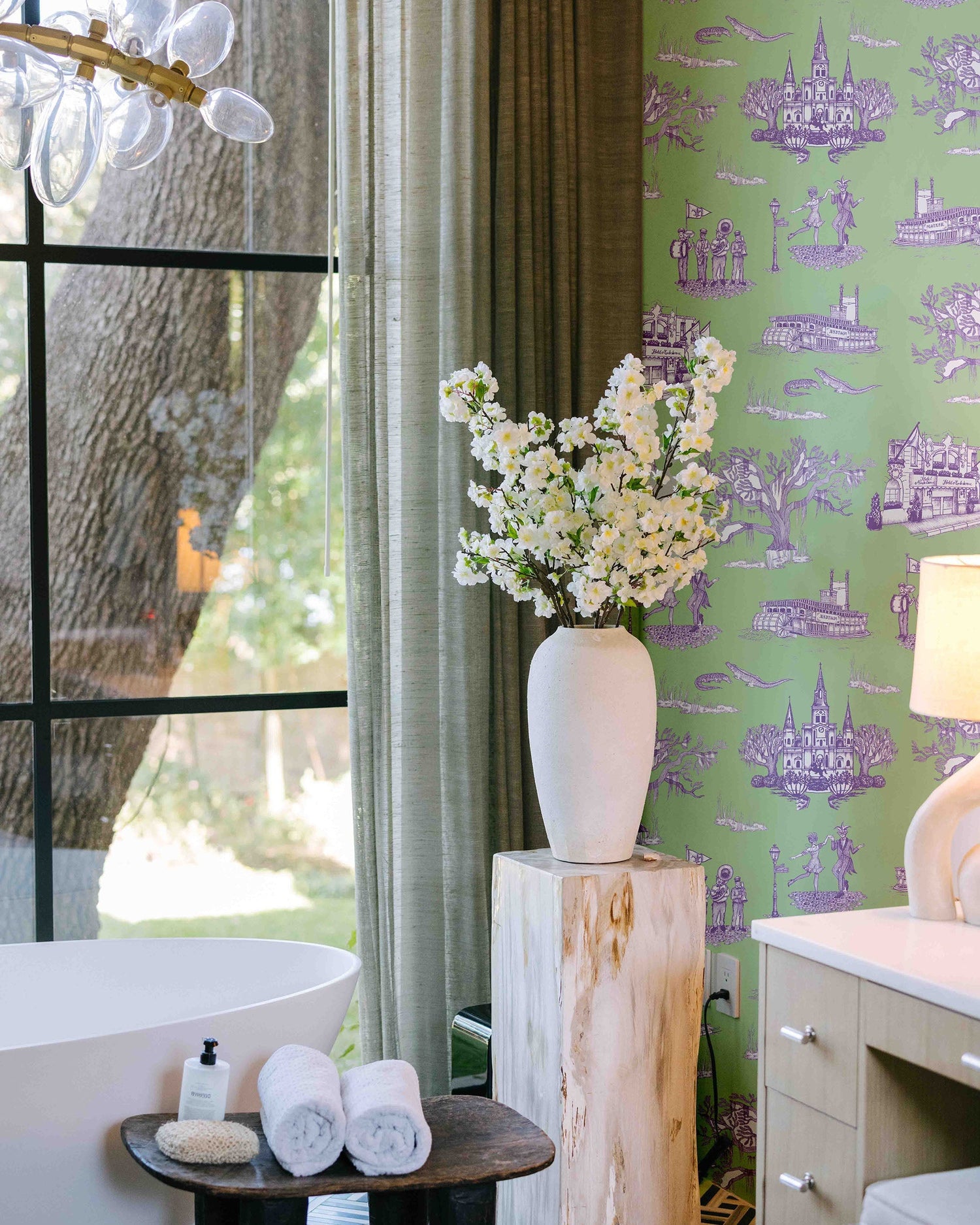 New Orleans Toile Wallpaper in orange pink color - pattern number KK17123_Green_Lavender_KH300 - by Katie Kime in the  collection