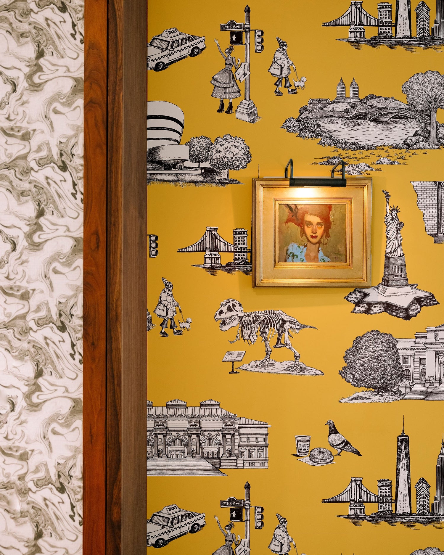New York Toile Wallpaper in green color - pattern number KK17124_Yellow_KH300 - by Katie Kime in the  collection