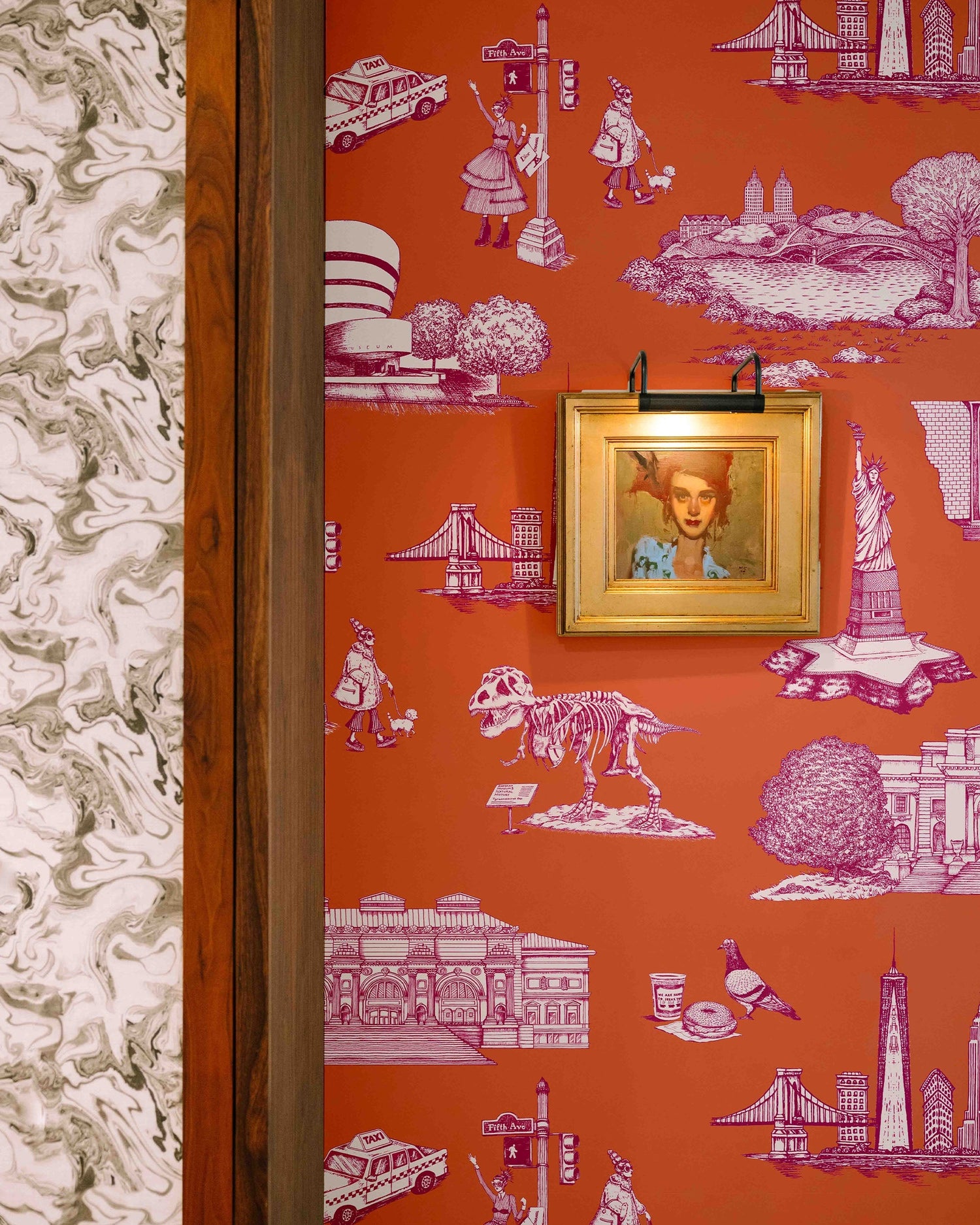 New York Toile Wallpaper in yellow color - pattern number KK17124_Orange_Magenta_KH300 - by Katie Kime in the  collection