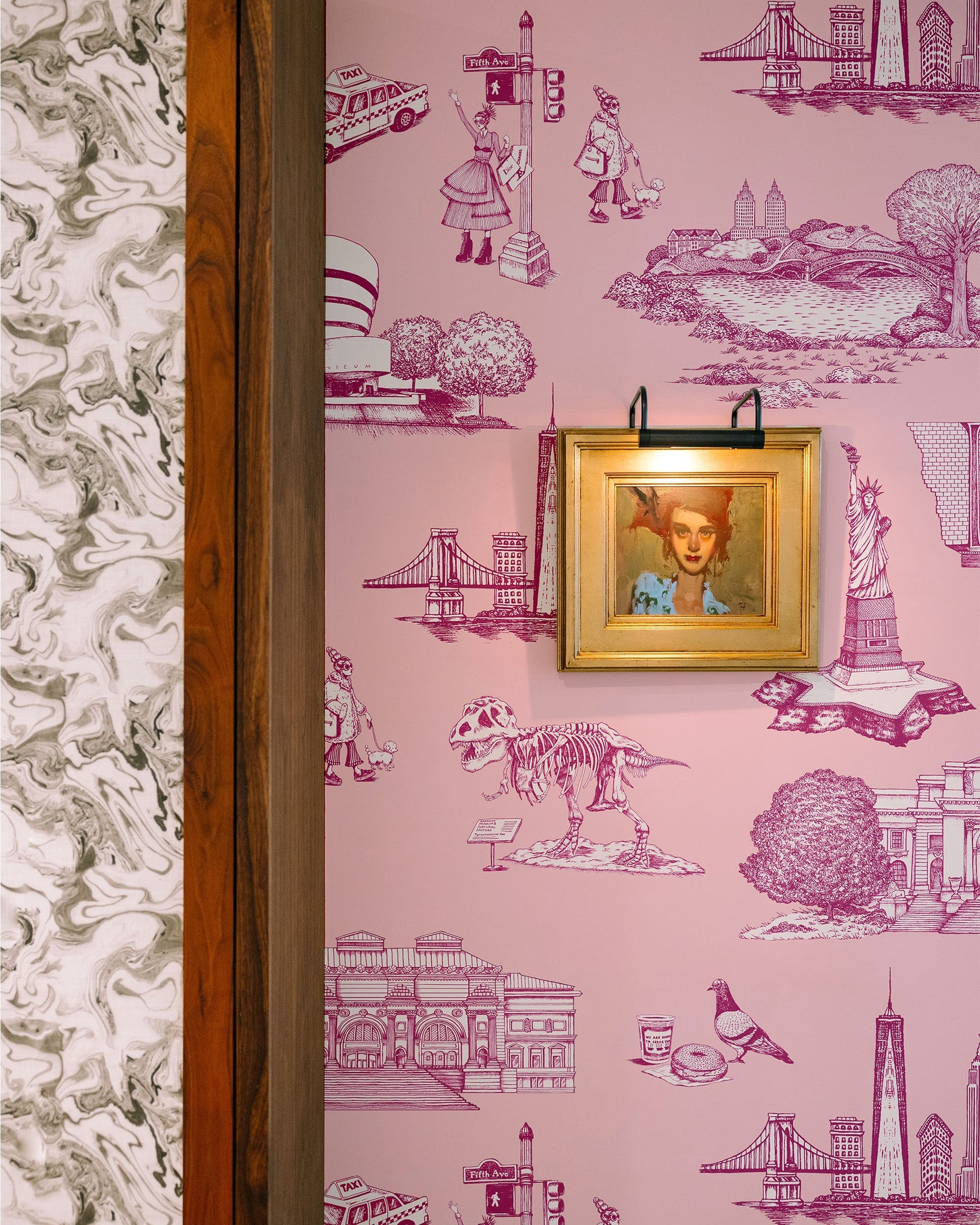New York Toile Wallpaper in black color - pattern number KK17124_Pink_Magenta_KH300 - by Katie Kime in the  collection
