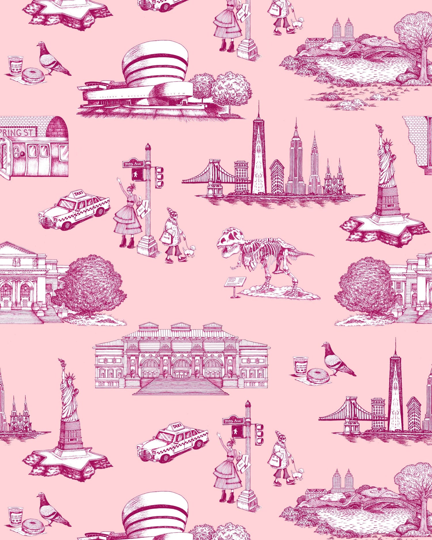 New York Toile Wallpaper in black color - pattern number KK17124_Pink_Magenta_KH300 - by Katie Kime in the  collection