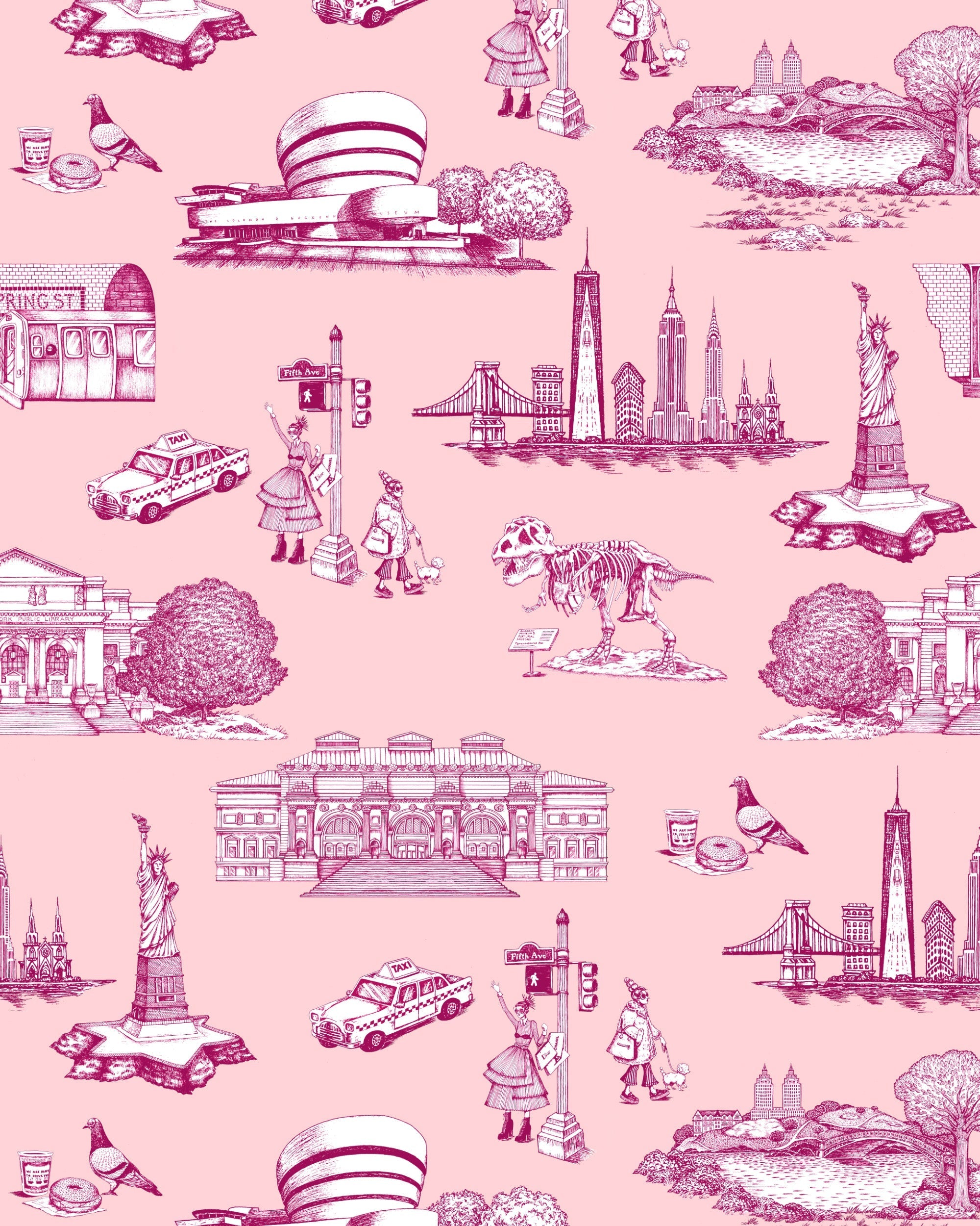 New York Toile Wallpaper in black color - pattern number KK17124_Pink_Magenta_KH300 - by Katie Kime in the  collection