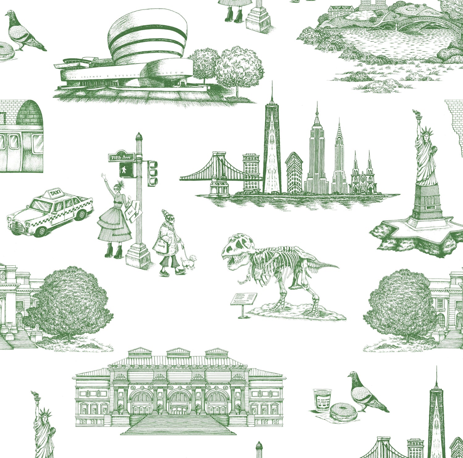 New York Toile Peel and Stick Wallpaper in green color - pattern number KK17124_Green_KH306 - by Katie Kime in the  collection