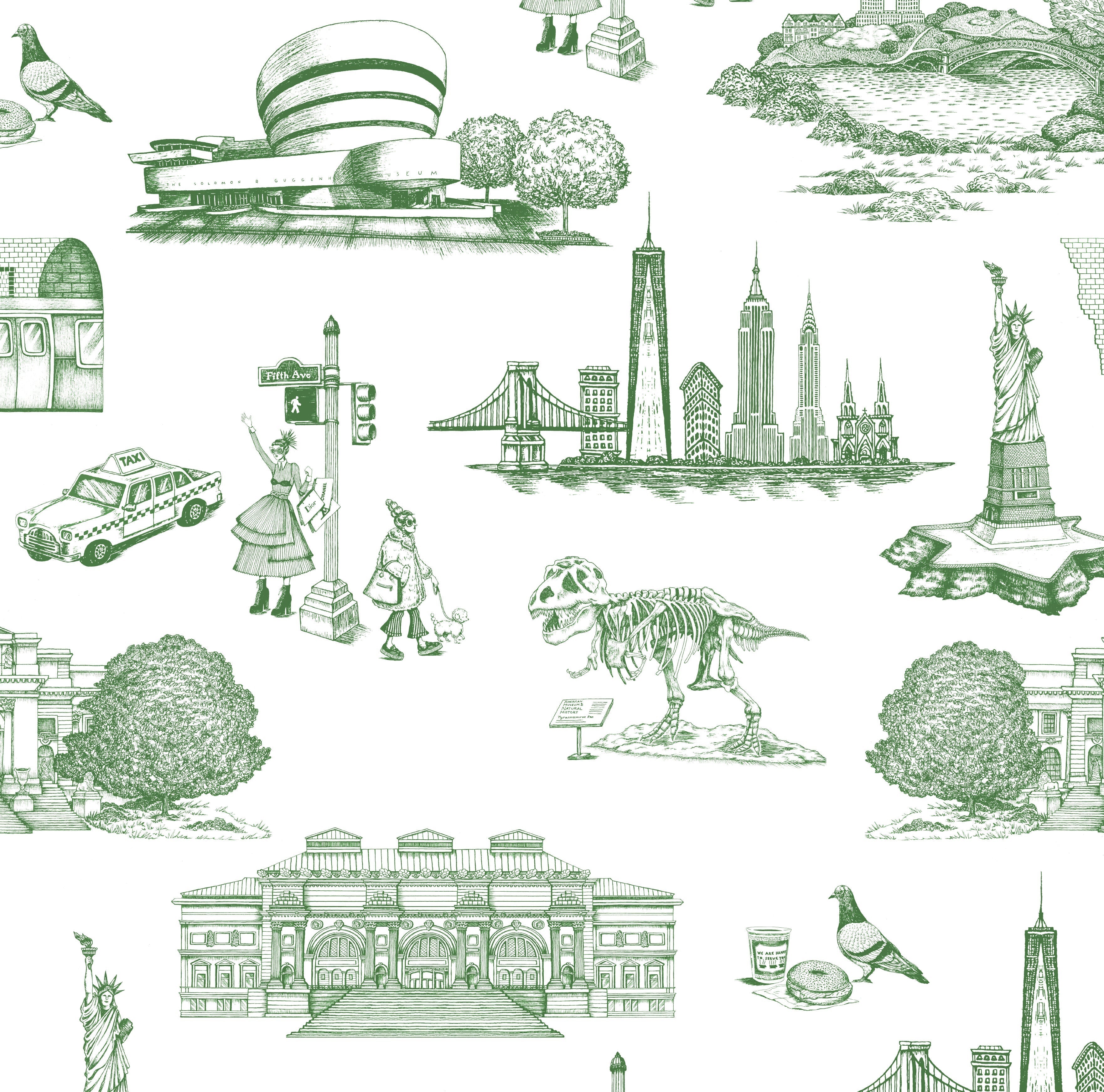 New York Toile Peel and Stick Wallpaper in green color - pattern number KK17124_Green_KH306 - by Katie Kime in the  collection