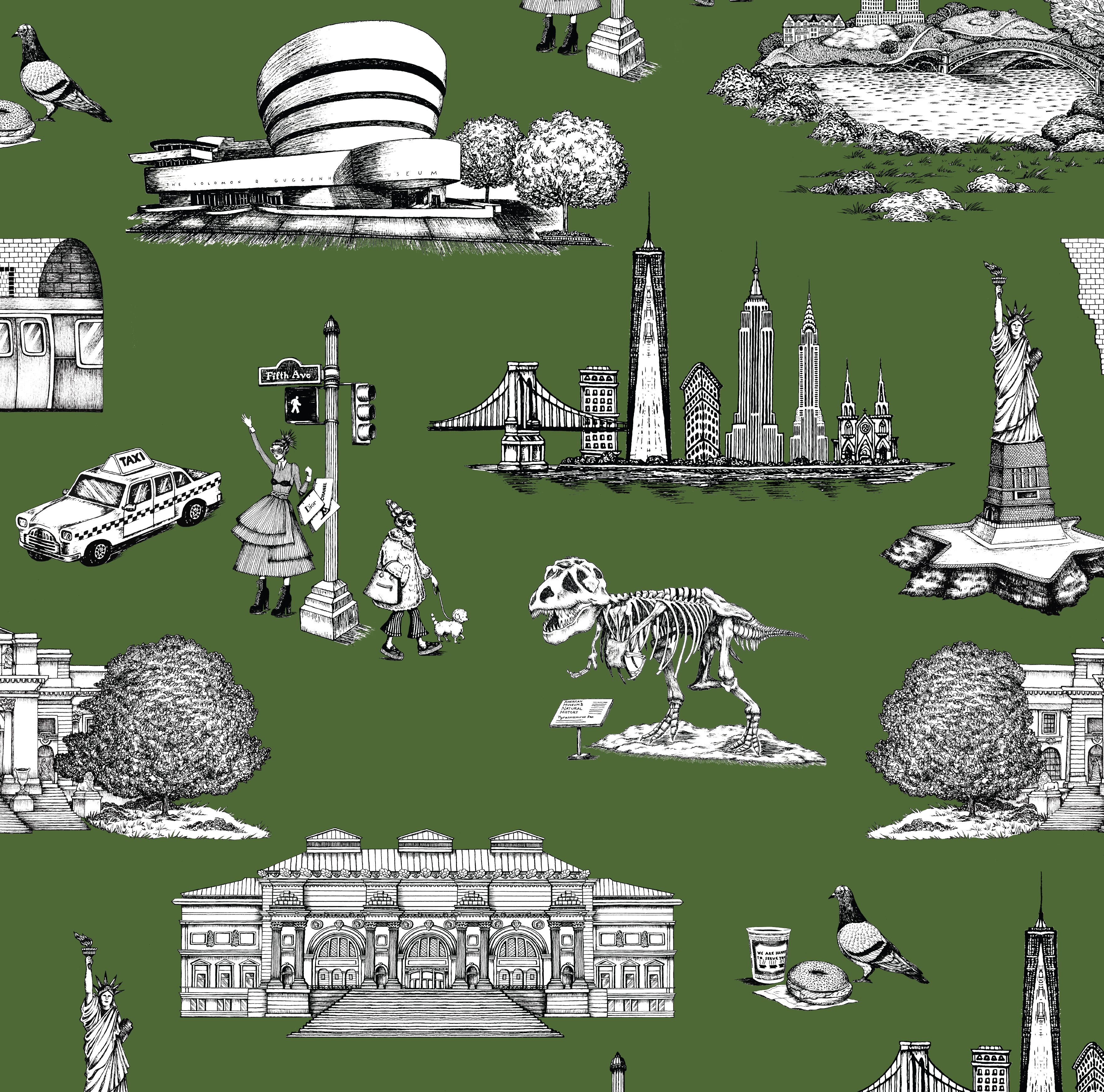 New York Toile Peel and Stick Wallpaper in hunter color - pattern number KK17124_Hunter_KH306 - by Katie Kime in the  collection