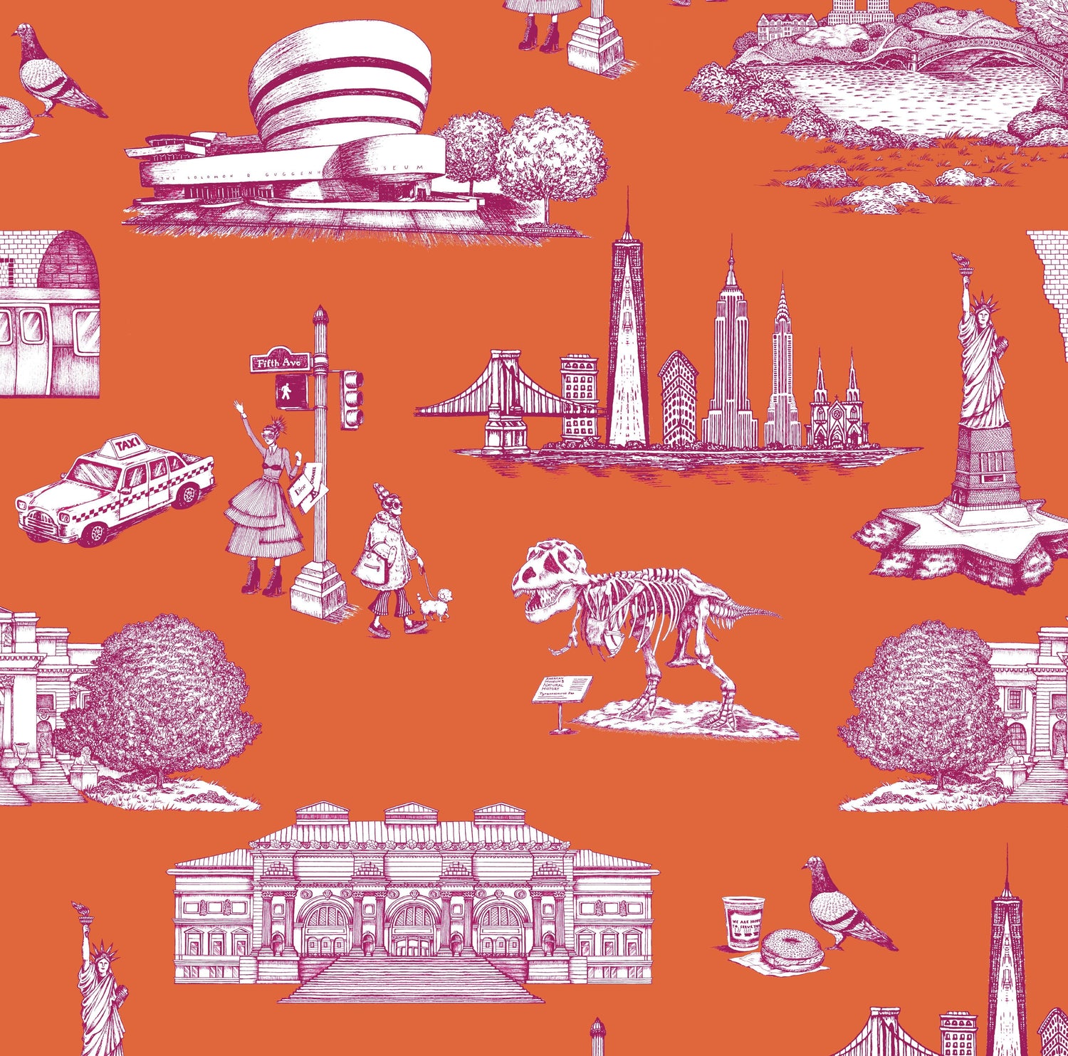 New York Toile Peel and Stick Wallpaper in orange magenta color - pattern number KK17124_Orange_Magenta_KH306 - by Katie Kime in the  collection
