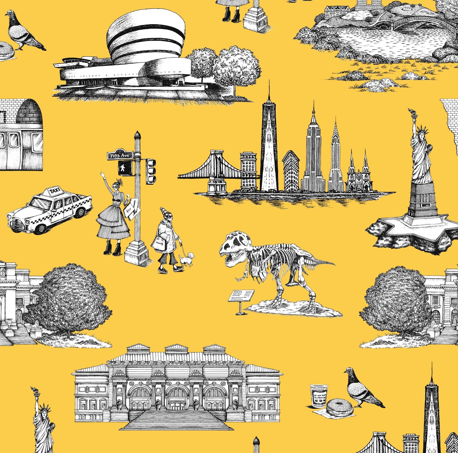 New York Toile Peel and Stick Wallpaper in yellow color - pattern number KK17124_Yellow_KH306 - by Katie Kime in the  collection