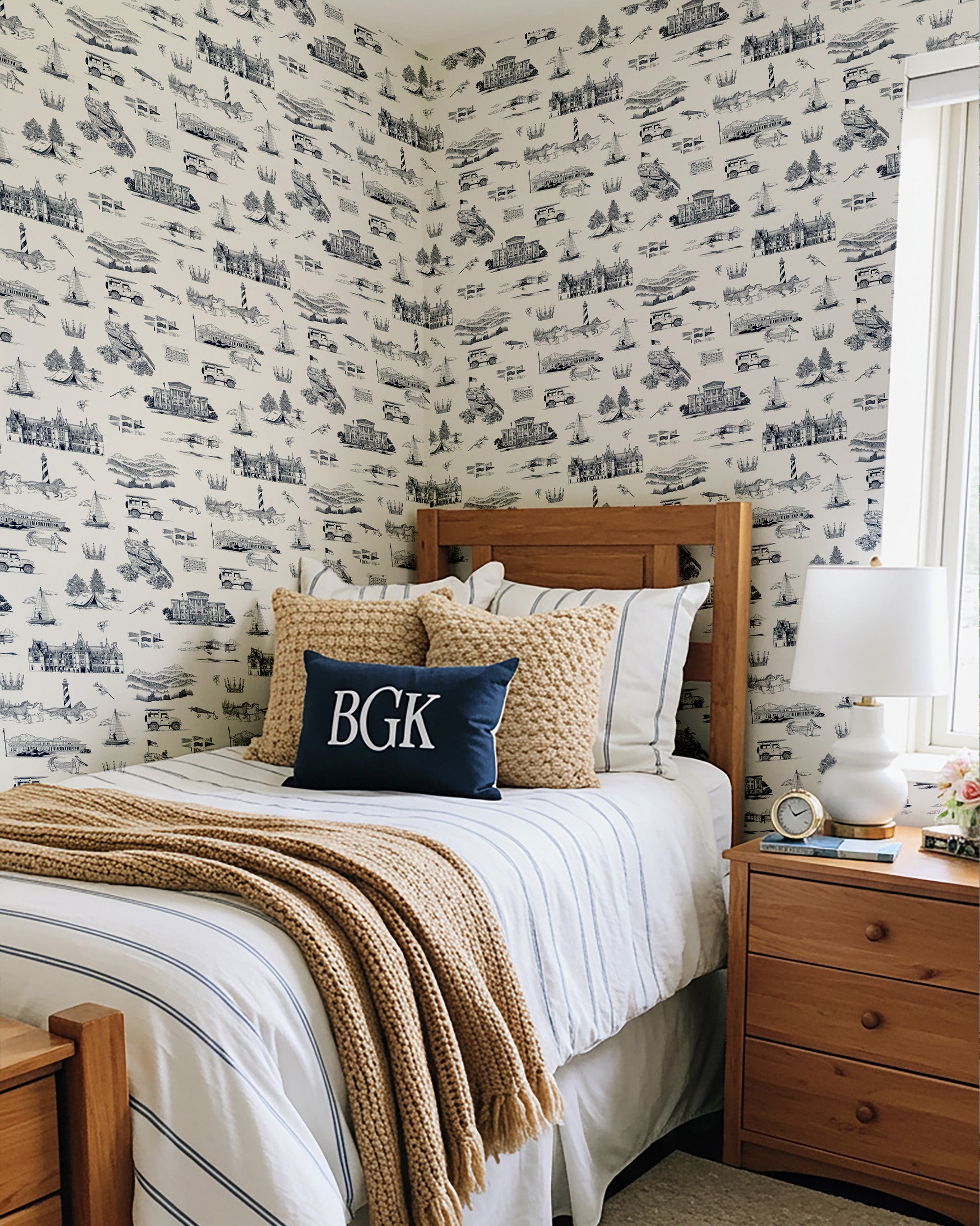 North Carolina Toile Wallpaper in navy color - pattern number KK835_Navy_KH300 - by Katie Kime in the  collection
