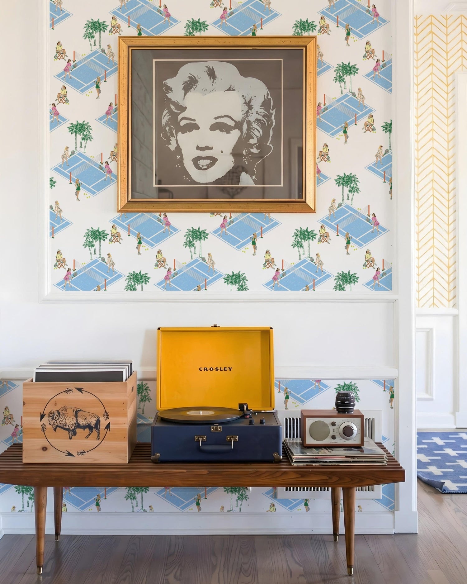 Palm Court Peel and Stick Wallpaper in blue color - pattern number KK842_Blue_KH306 - by Katie Kime in the  collection