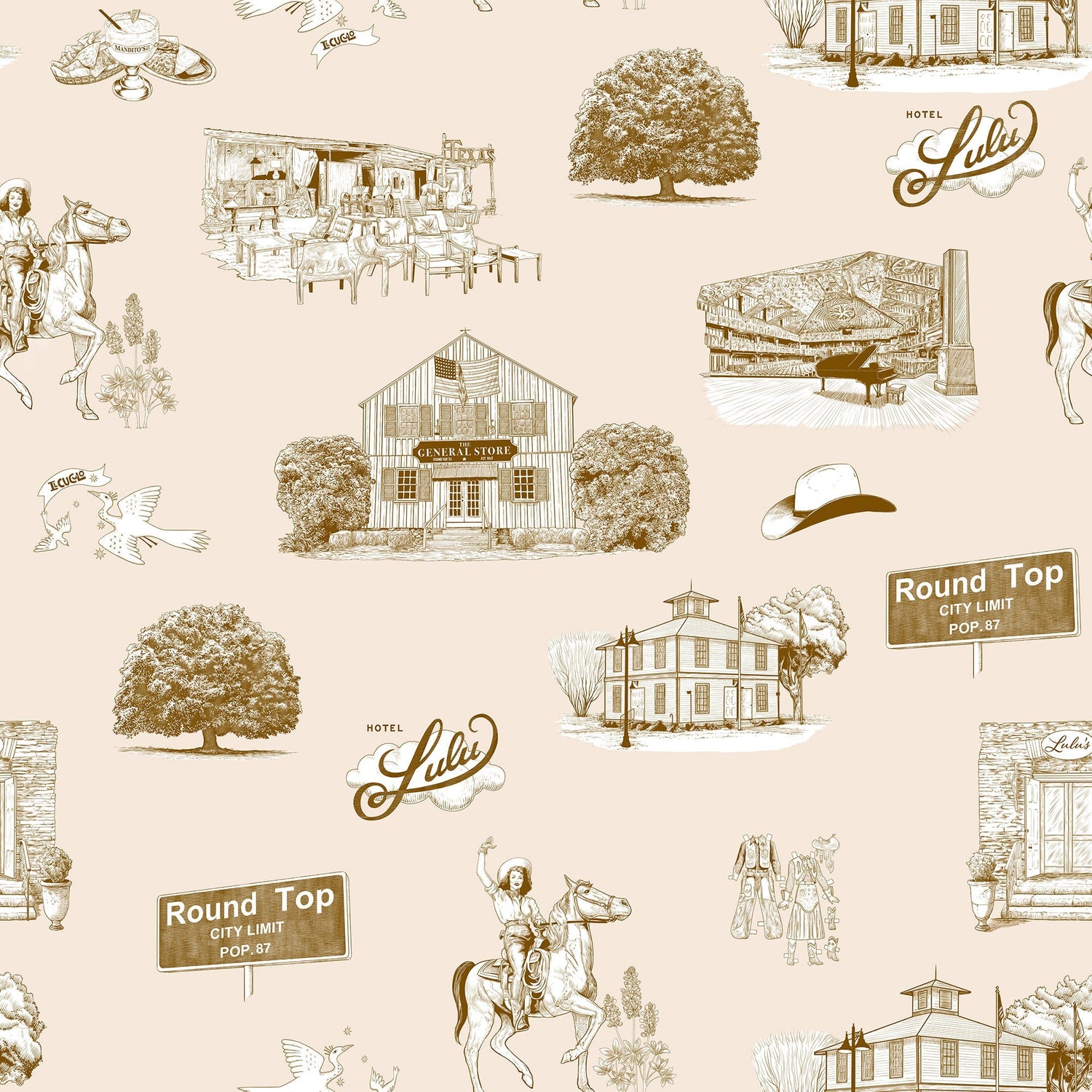 Round Top Toile Wallpaper in beige brown color - pattern number KK796_Beige_Brown_KH300 - by Katie Kime in the  collection