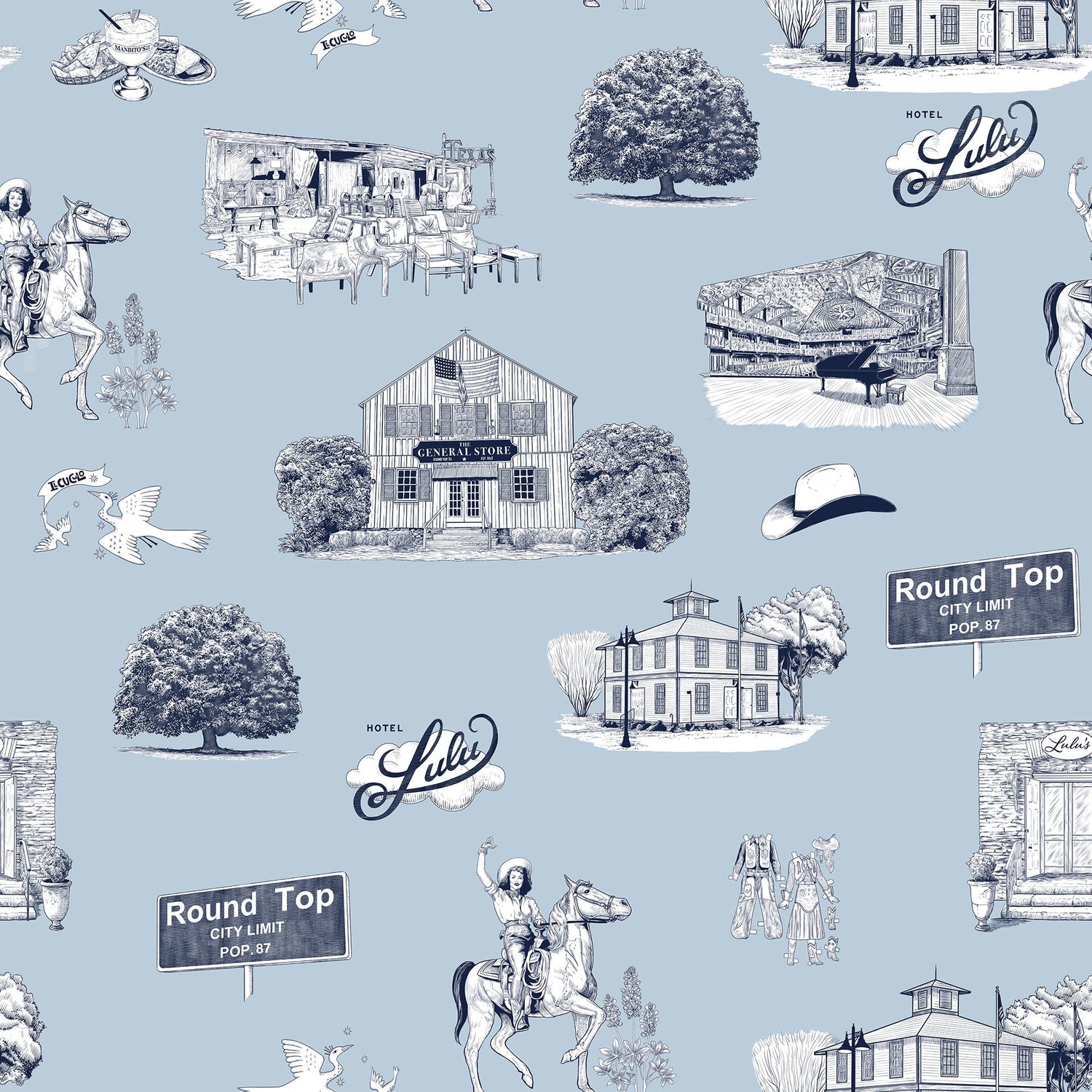 Round Top Toile Peel and Stick Wallpaper in light blue navy color - pattern number KK796_Light_Blue_Navy_KH306 - by Katie Kime in the  collection