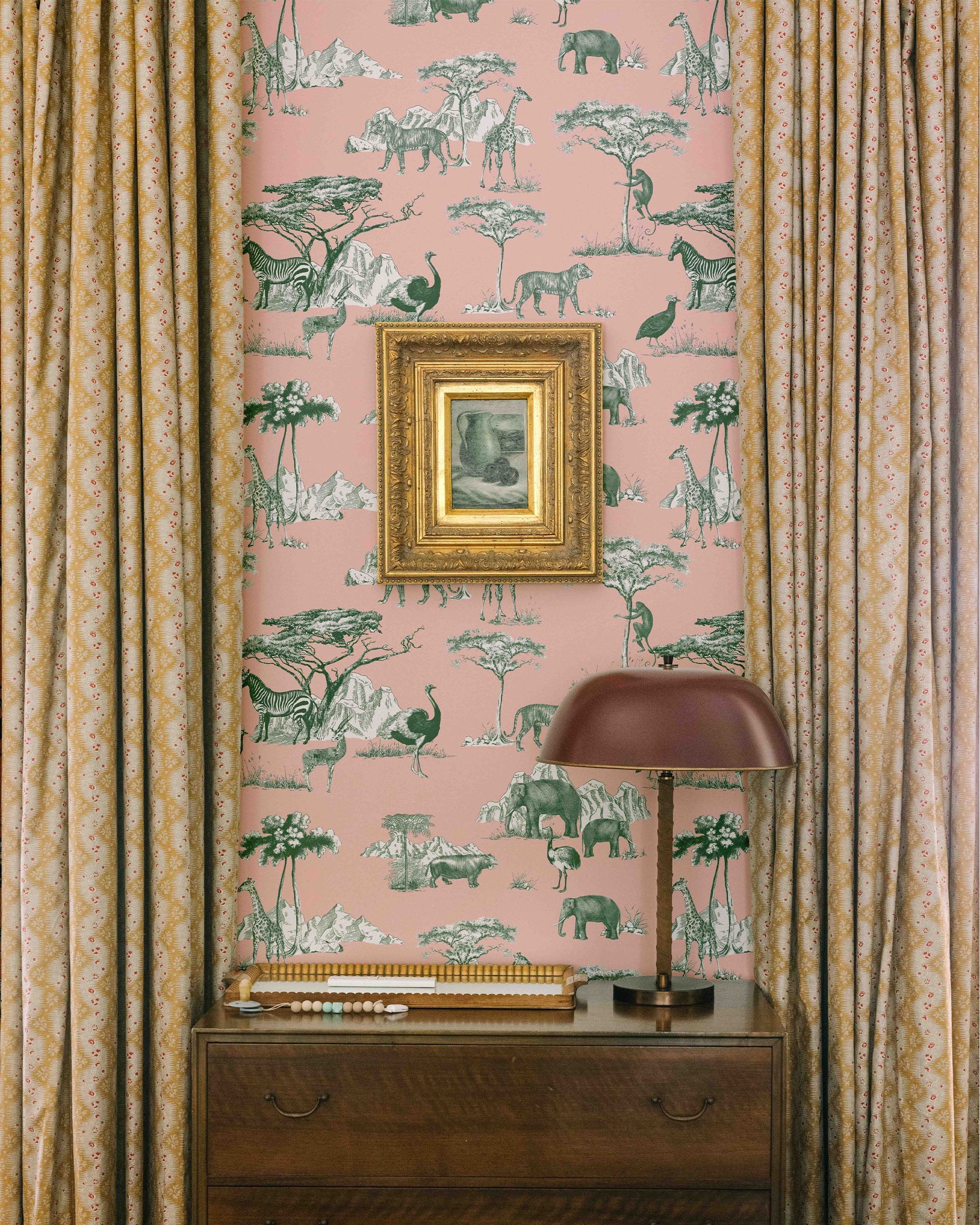 Safari Toile Wallpaper in peach hunter color - pattern number KK772_Peach_Hunter_KH300 - by Katie Kime in the  collection