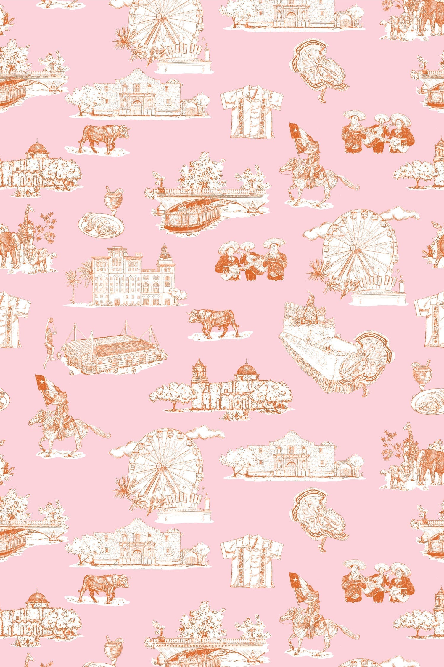 San Antonio Toile Peel and Stick Wallpaper in pink orange color - pattern number KK780_Pink_Orange_KH306 - by Katie Kime in the  collection