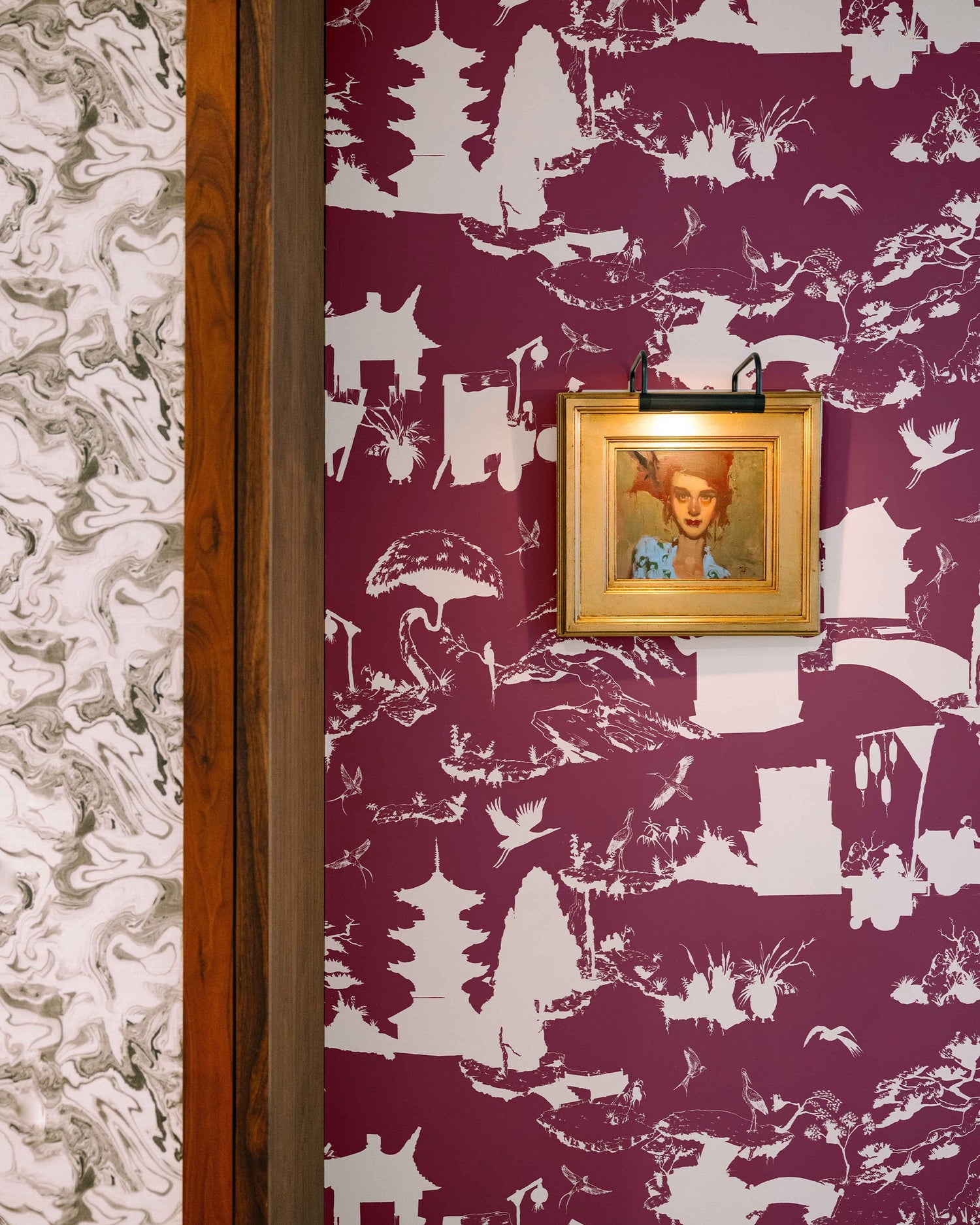 Shangri La Toile Wallpaper in maroon color - pattern number KK17119_Maroon_KH300 - by Katie Kime in the  collection