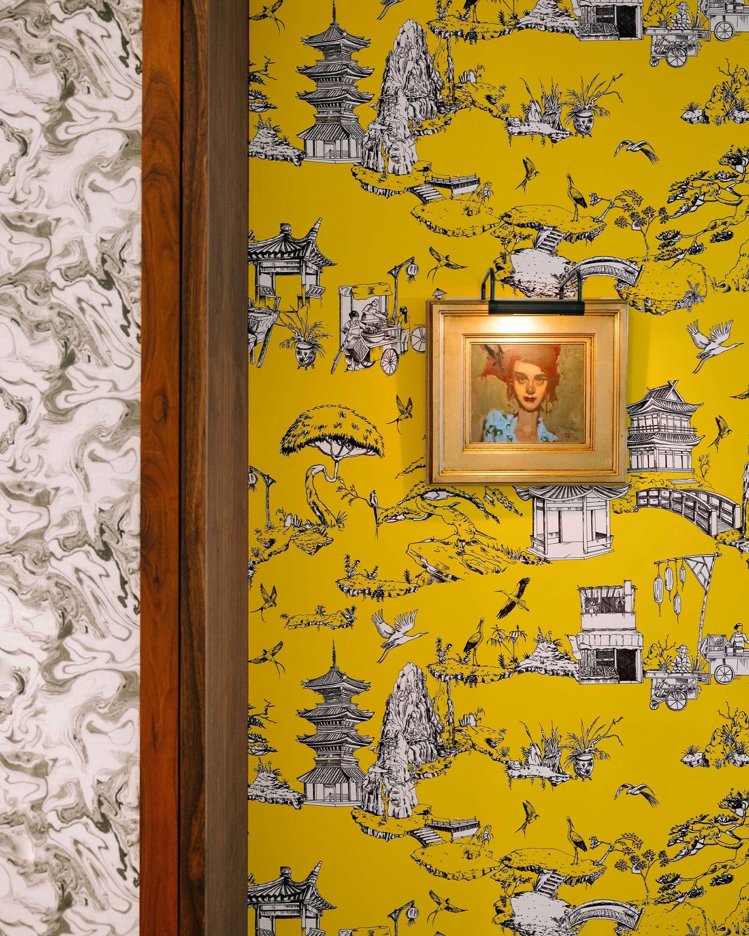 Shangri La Toile Wallpaper in yellow color - pattern number KK17119_Yellow_KH300 - by Katie Kime in the  collection