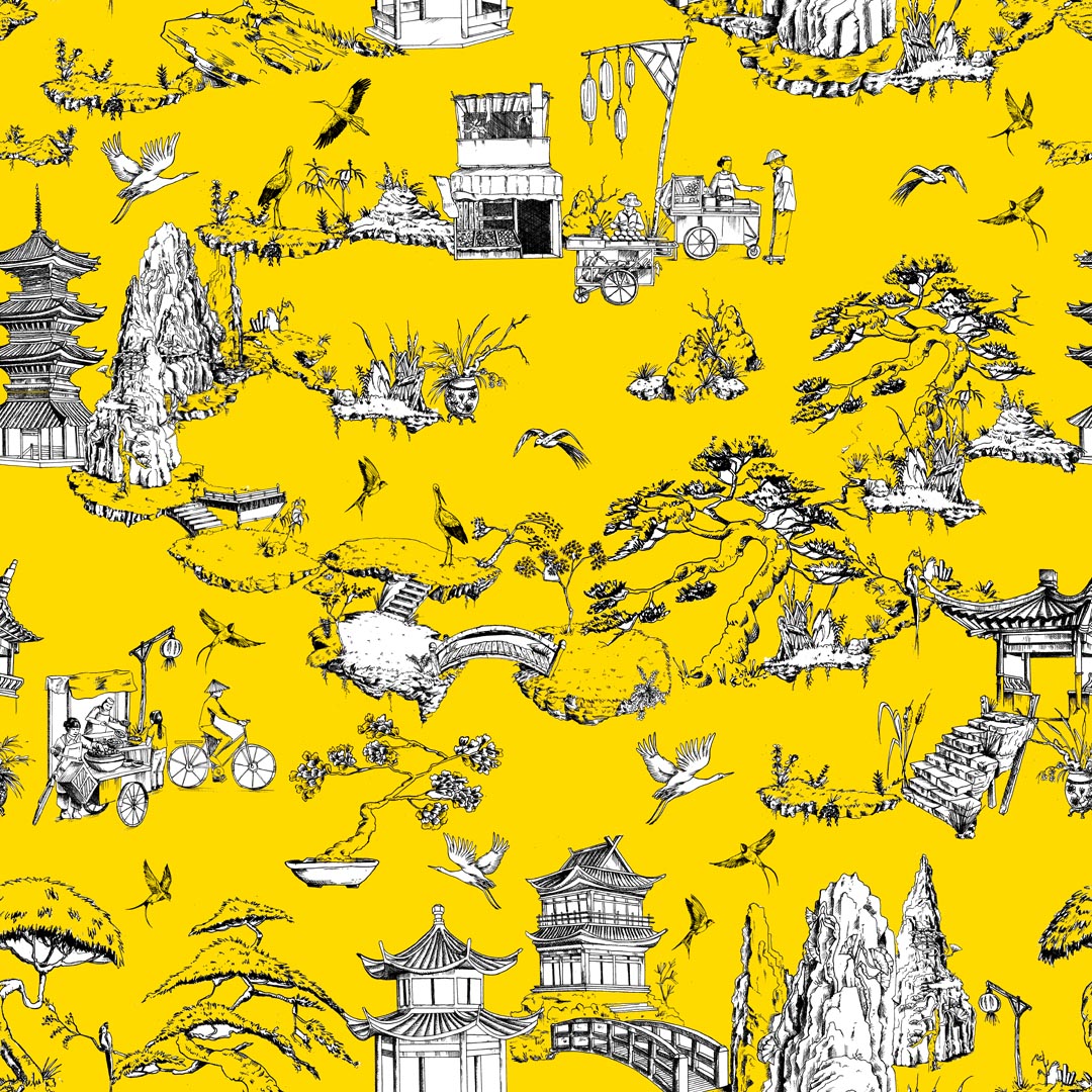 Shangri La Toile Wallpaper in yellow color - pattern number KK17119_Yellow_KH300 - by Katie Kime in the  collection