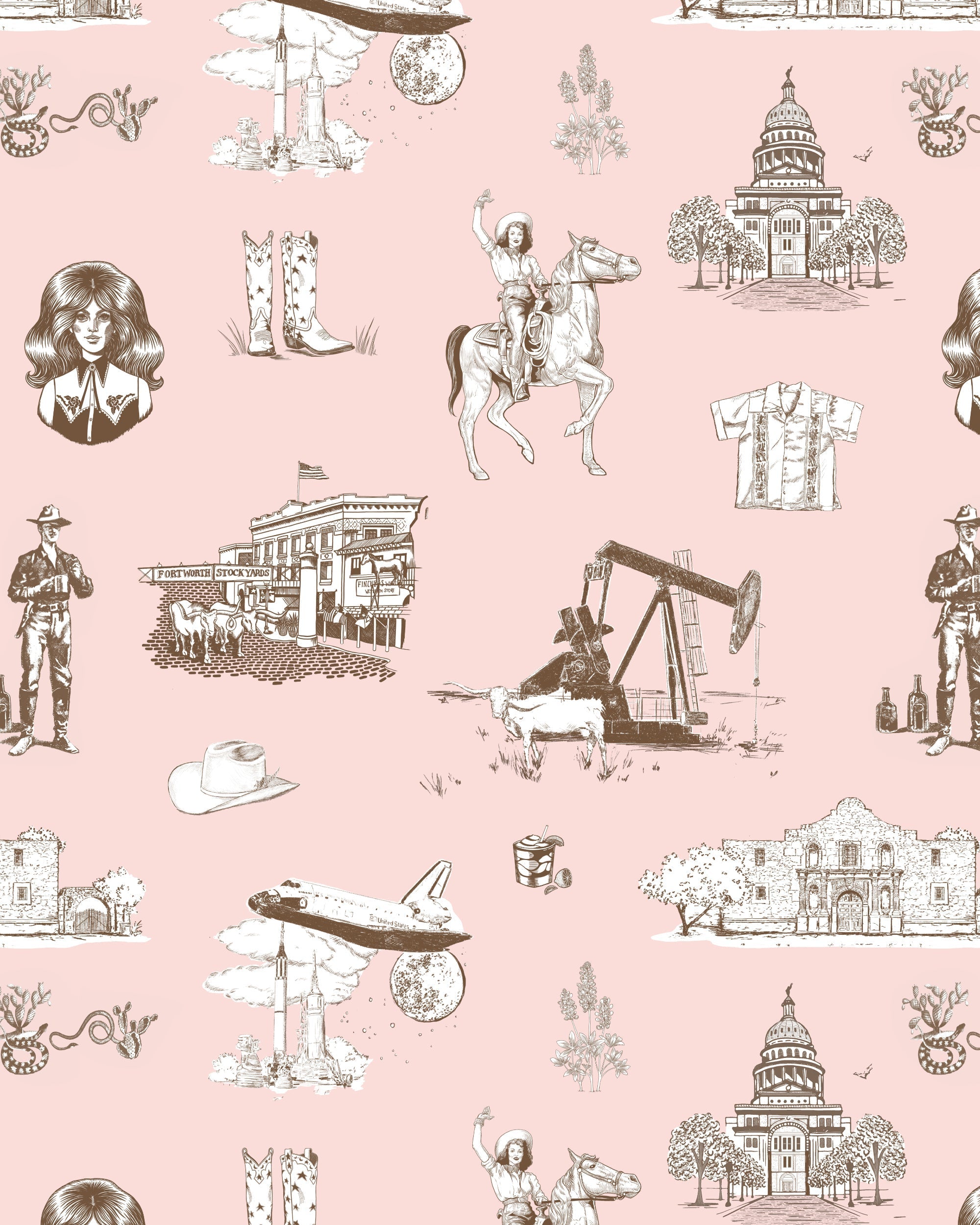 Texas Toile Peel and Stick Wallpaper in pink brown color - pattern number KK824_Pink_Brown_KH306 - by Katie Kime in the  collection