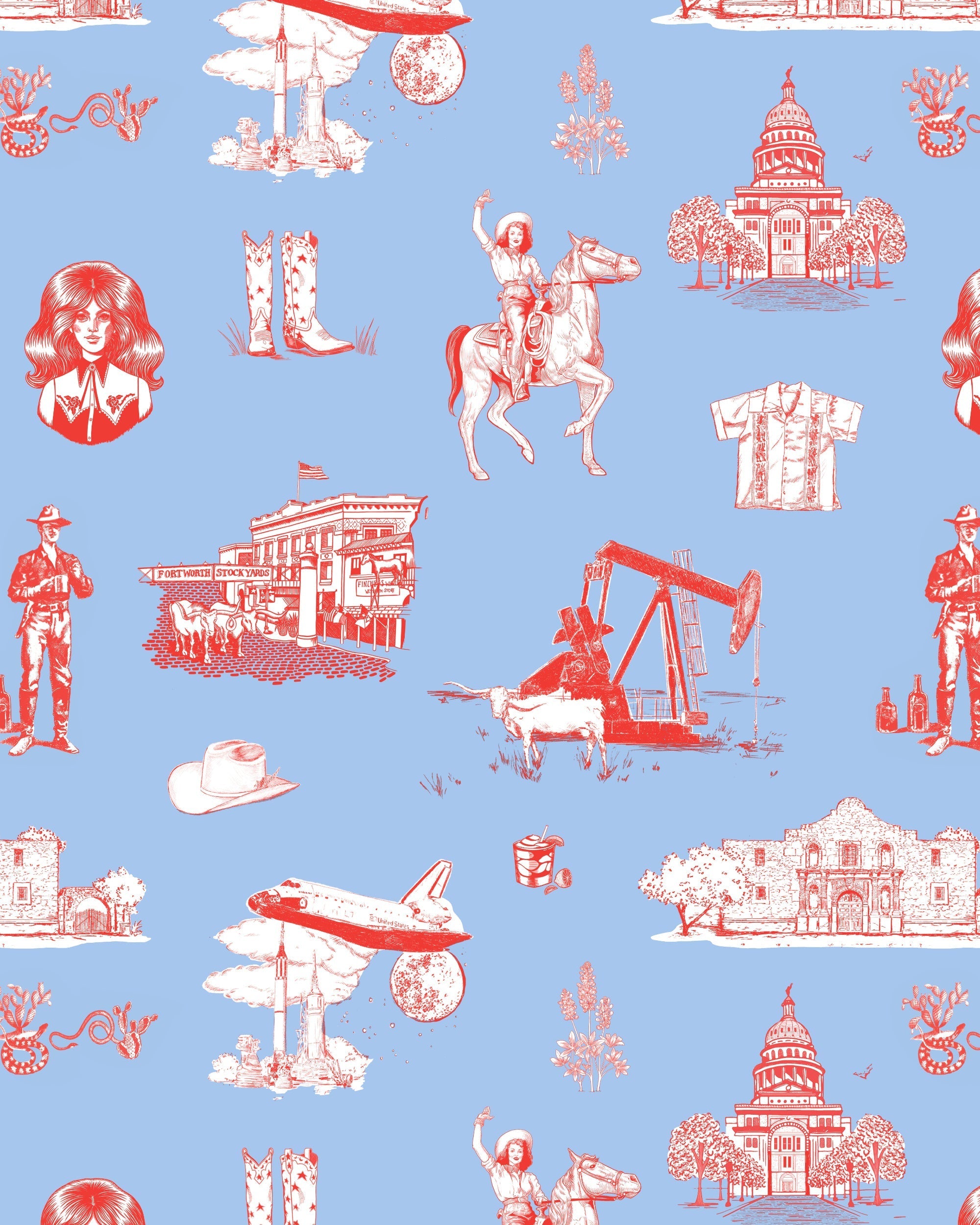Texas Toile Wallpaper in Blue Red color - pattern number KK824_Blue_Red_KH300 - by Katie Kime in the collection