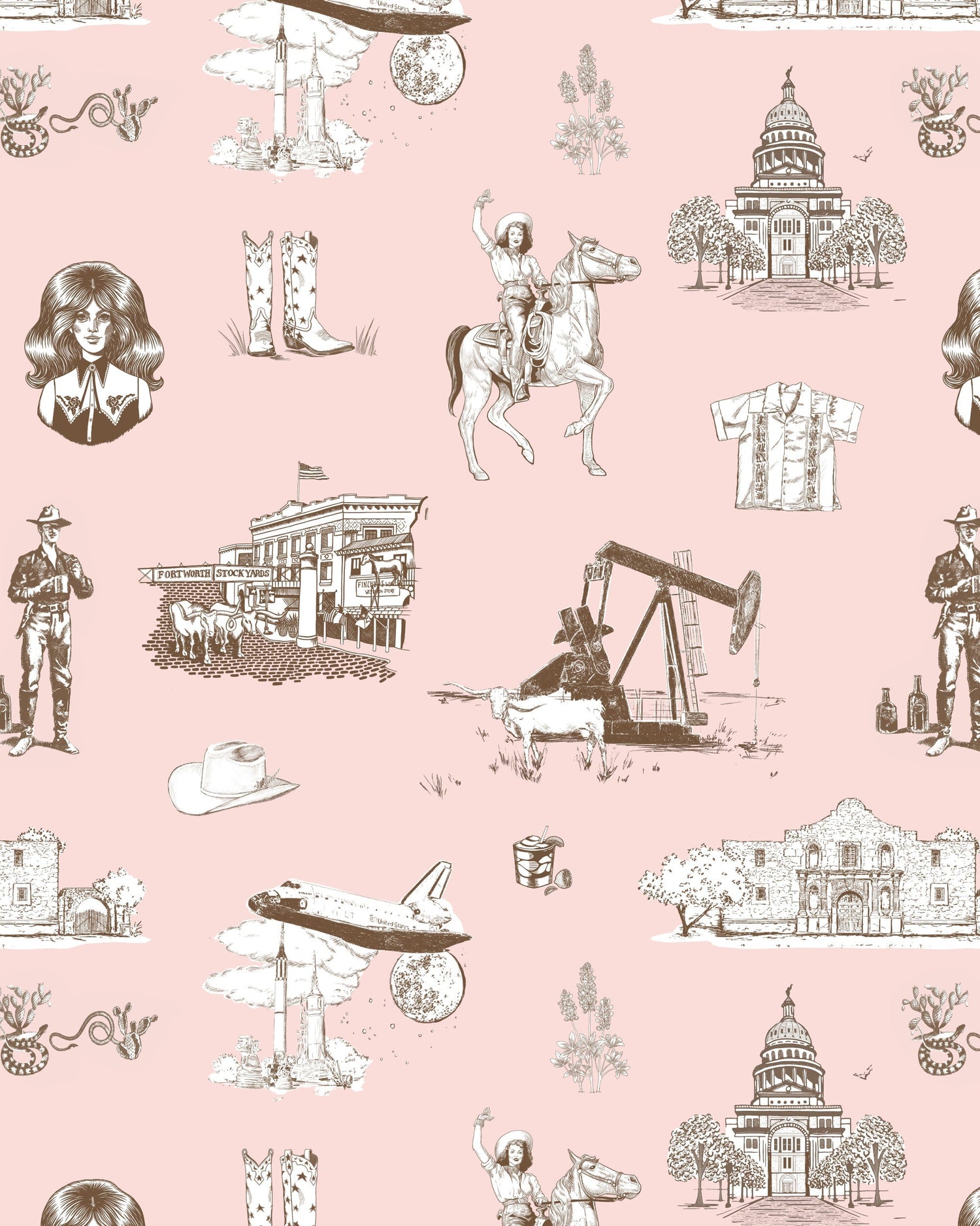 Texas Toile Wallpaper in green color - pattern number KK824_Pink_Brown_KH300 - by Katie Kime in the  collection
