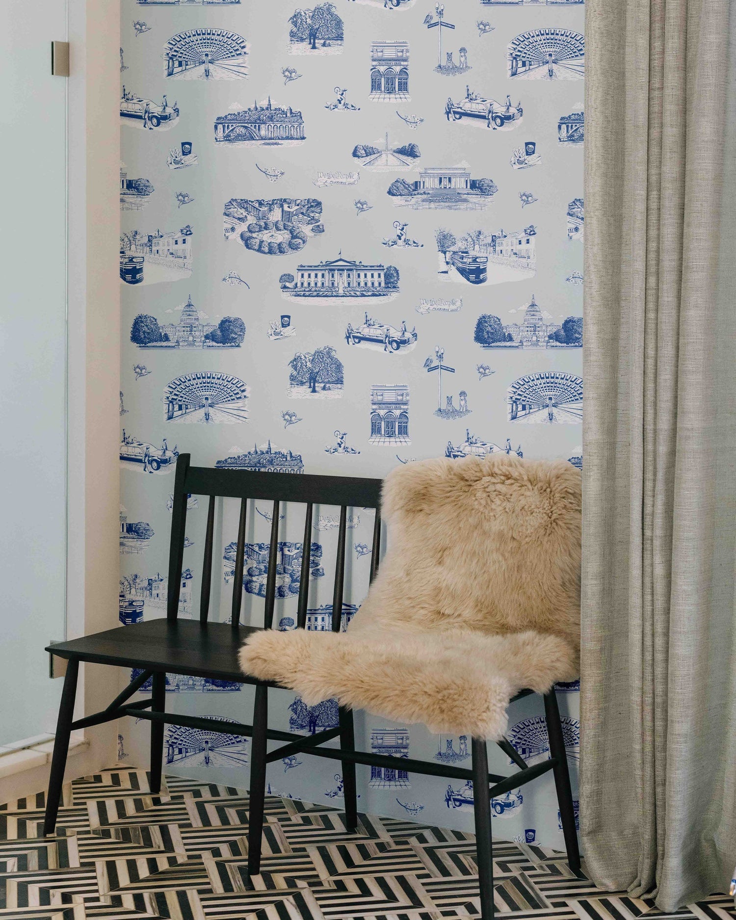 Washington DC Toile Peel and Stick Wallpaper in dusty blue navy color - pattern number KK770_Grey_Blue_Navy_KH306 - by Katie Kime in the  collection