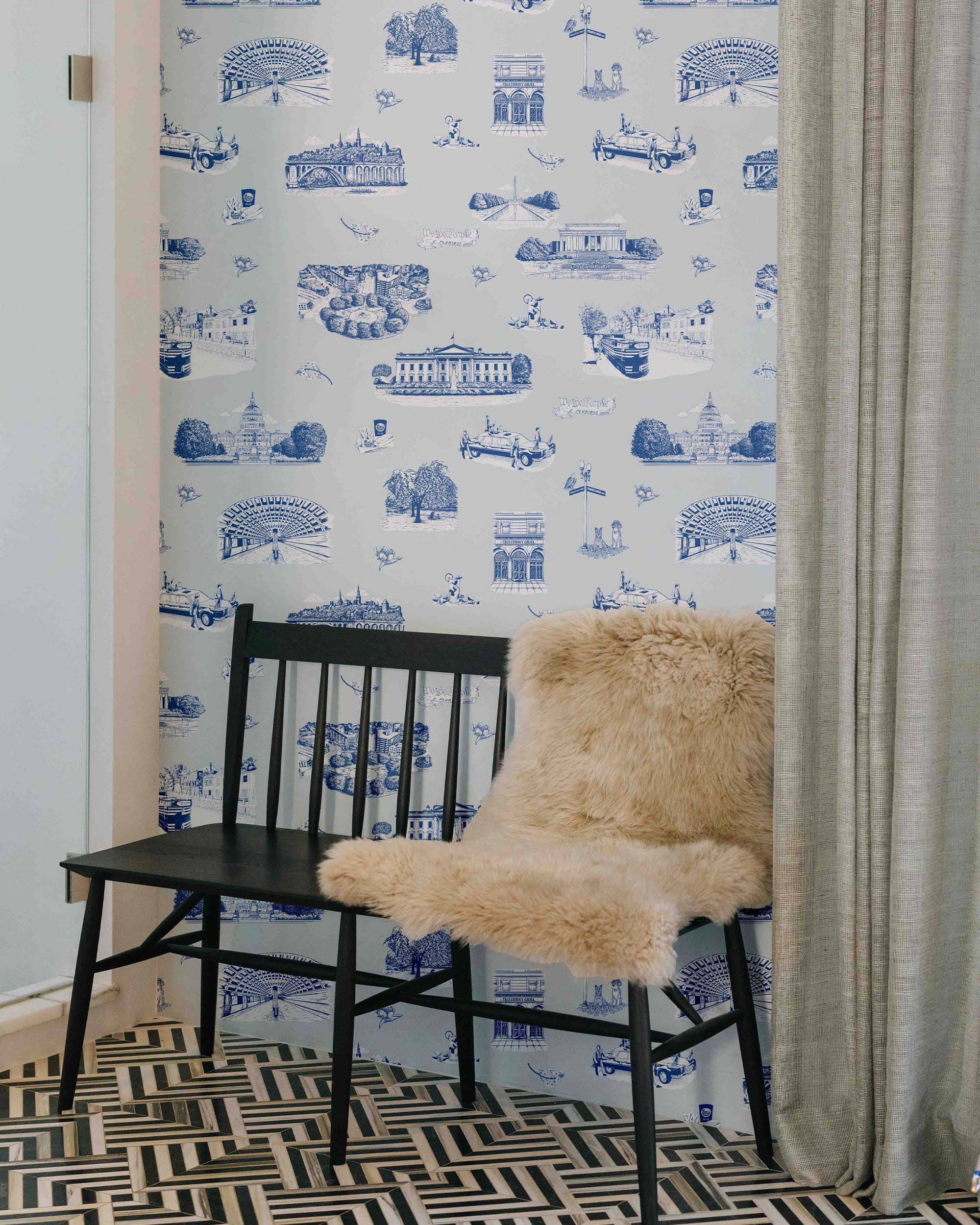 Washington DC Toile Peel and Stick Wallpaper in dusty blue navy color - pattern number KK770_Grey_Blue_Navy_KH306 - by Katie Kime in the  collection