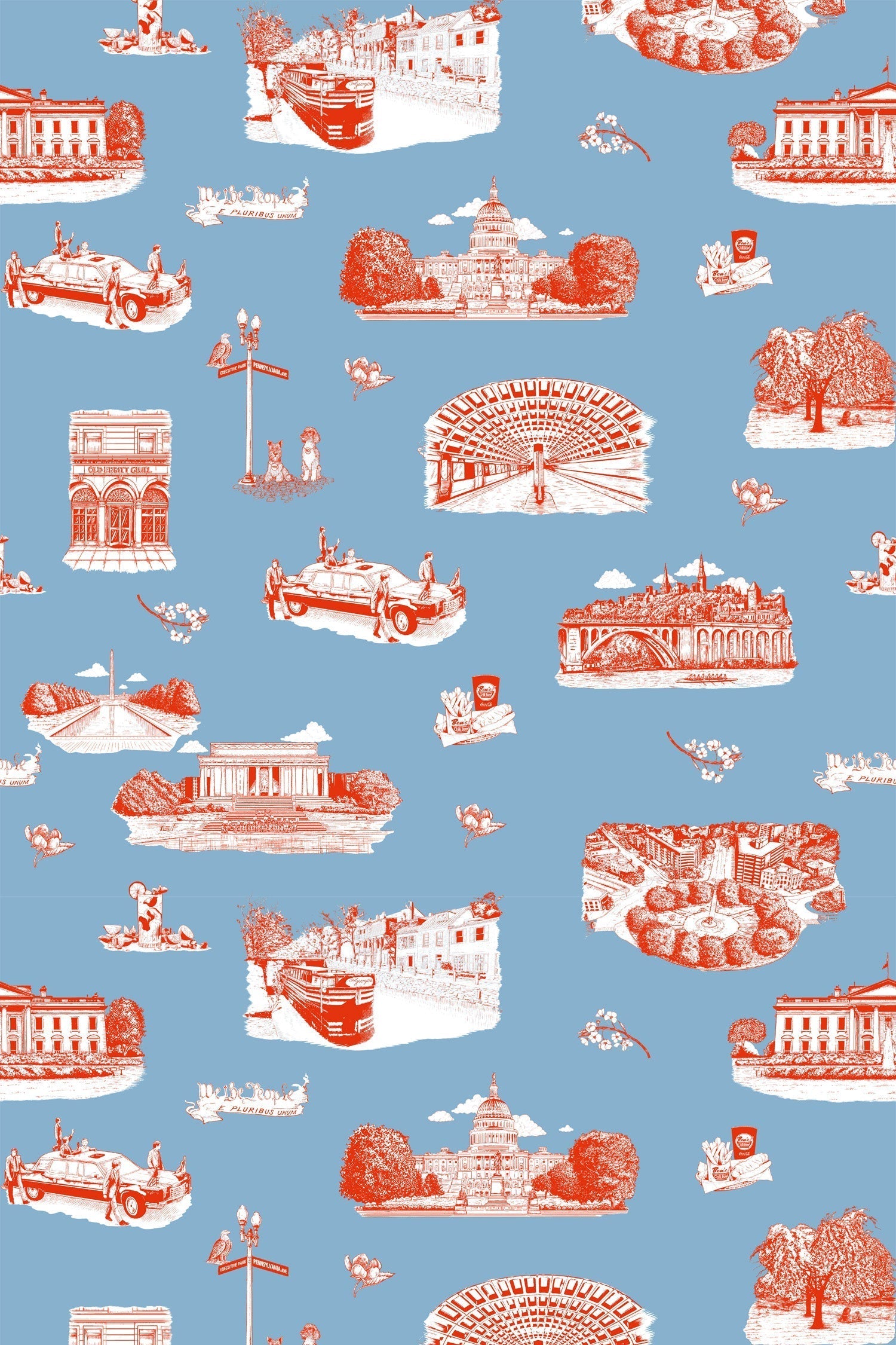 Washington DC Toile Peel and Stick Wallpaper in blue red color - pattern number KK770_Blue_Red_KH306 - by Katie Kime in the  collection