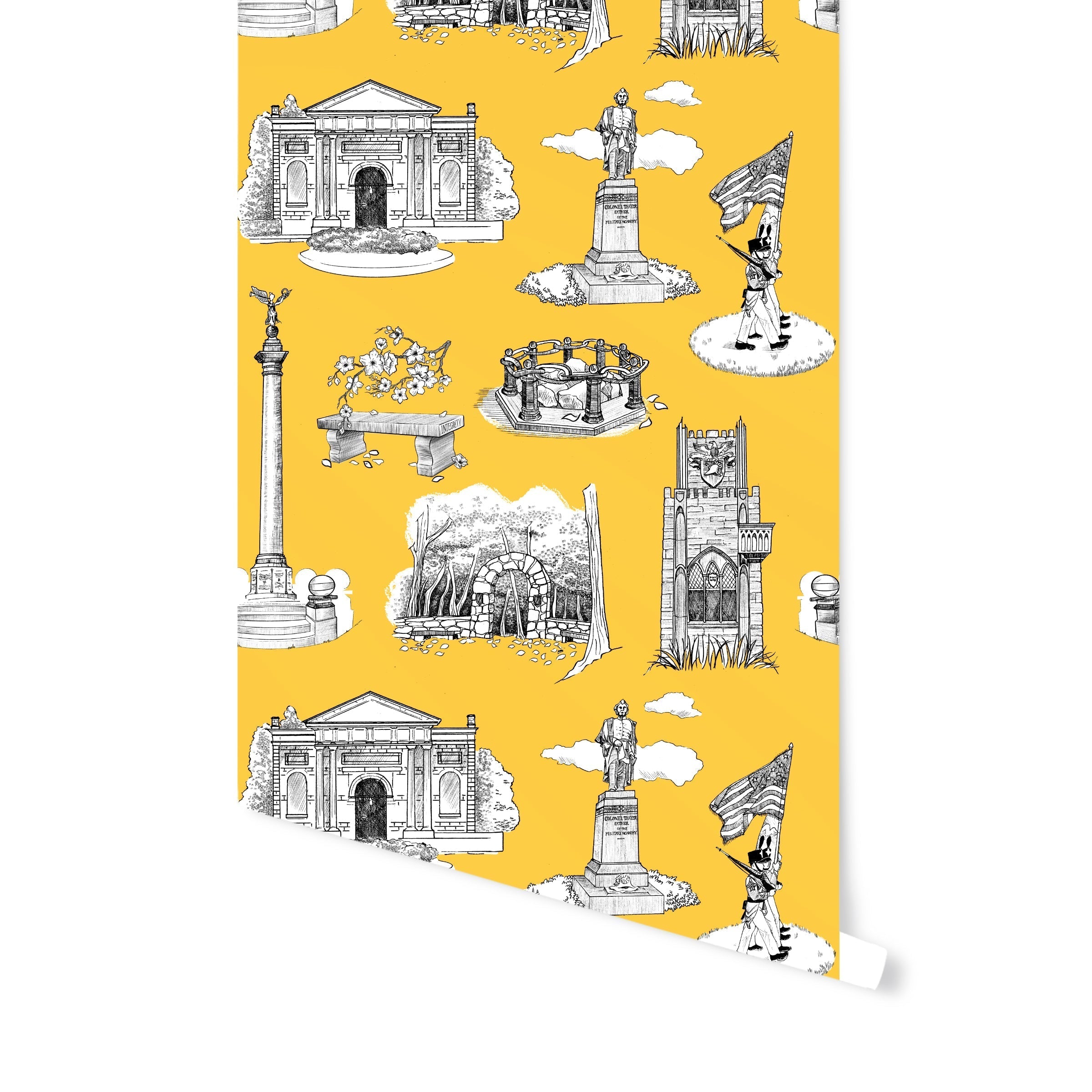 West Point Toile Wallpaper in gold color - pattern number KK704_Gold_KH300 - by Katie Kime in the  collection
