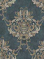 Faux Antique Damask Blue Gold Cream Wallpaper RM30002 by Casa Mia Wallpaper for sale at Wallpapers To Go