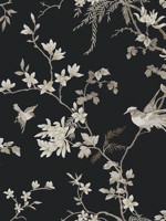 Bird And Blossom Chinoserie Black Wallpaper KT2173 by Ronald Redding Wallpaper for sale at Wallpapers To Go