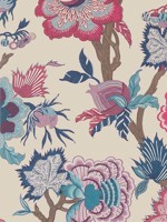 Indienne Jacobean Raspberry and Blue on Natural Wallpaper WTG-260295 by Thibaut Wallpaper for sale at Wallpapers To Go