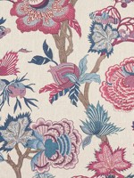 Indienne Jacobean Raspberry and Blue on Natural Fabric WTG-260413 by Thibaut Fabrics for sale at Wallpapers To Go