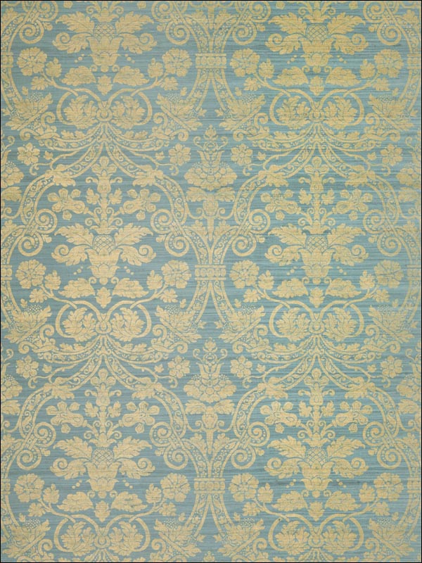 Curtis Damask Metallic Gold on Mineral Blue Wallpaper T1006 by Thibaut Wallpaper for sale at Wallpapers To Go