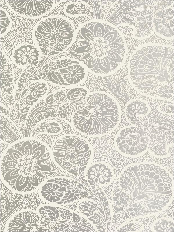 Trabadour Metallic Silver on Cream Wallpaper T13067 by Thibaut Wallpaper for sale at Wallpapers To Go