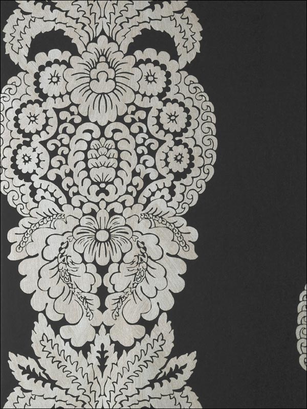 Rowan Damask Silver on Black Wallpaper T89132 by Thibaut Wallpaper for sale at Wallpapers To Go