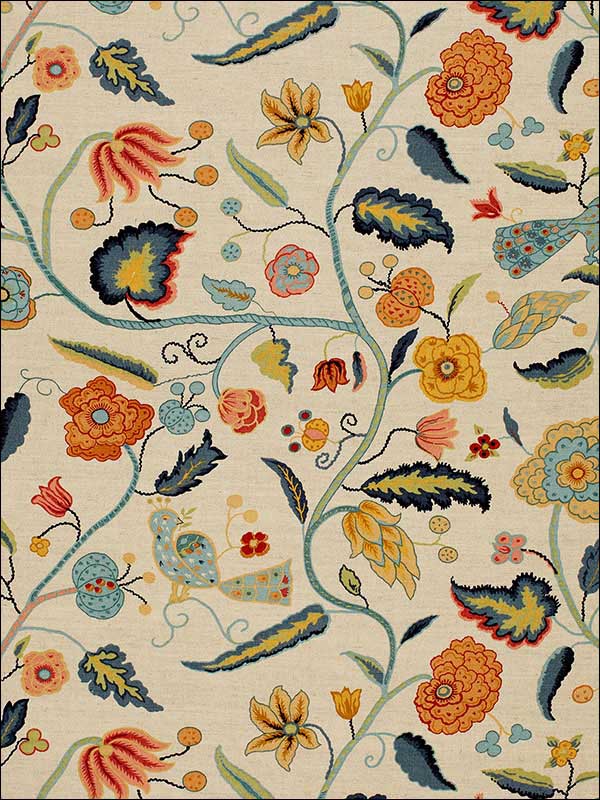 Apsley Vine Apricot And Teal Fabric 1307000 by Schumacher Fabrics for sale at Wallpapers To Go